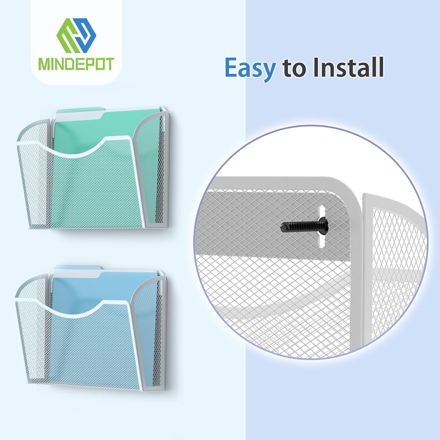 MINDEPOT Wall File Organizer, Hanging Wall File Holder, 6 Pack, Silver | Heavy Duty Iron, Metal Mesh Wall Mount, Single