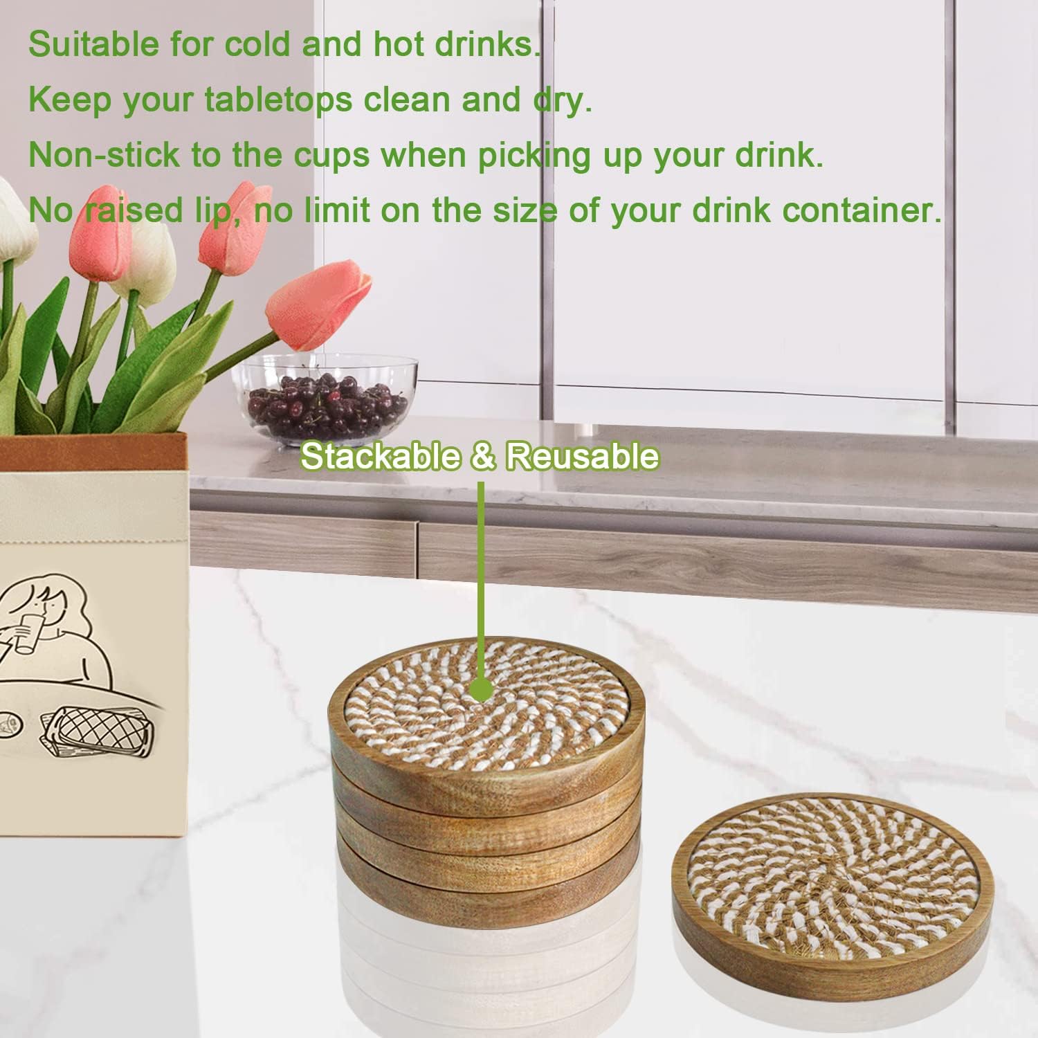 Wooden Drink Coasters / Borwn & White / 4.3 Inch / Set of 5