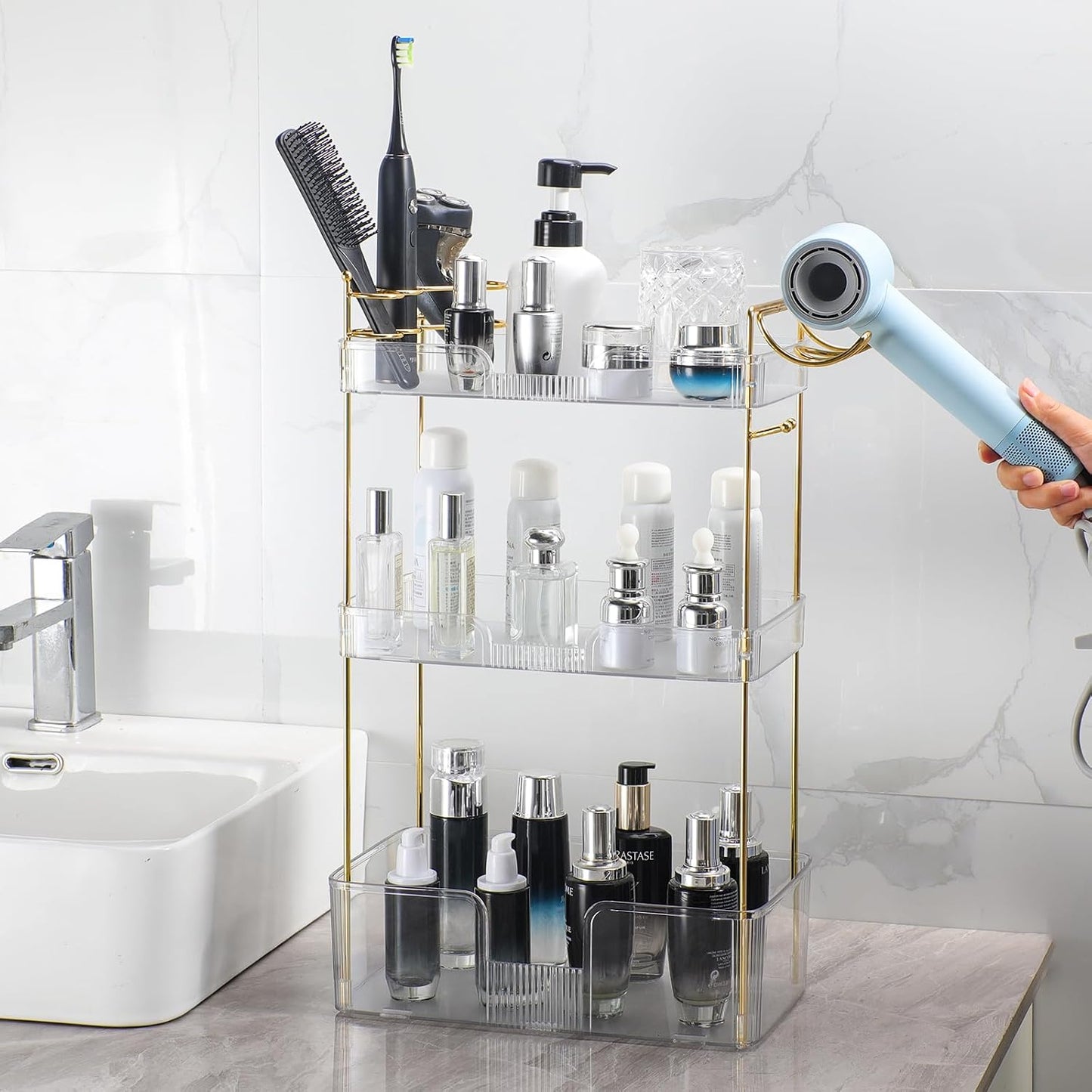 Akinbas 3 Tier Bathroom Organizer Countertop Makeup Perfume Tray Skincare Organizer Comes with Hair Dryer Rack and