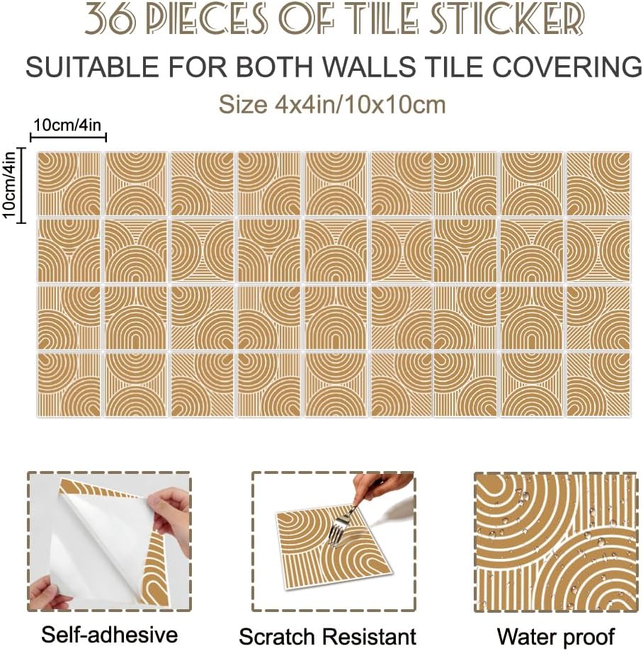 Modern Geometry Tile Sticker Arch Patterns Peel and Stick Wall Tile / Brown / 4 x 4 / Set of 36
