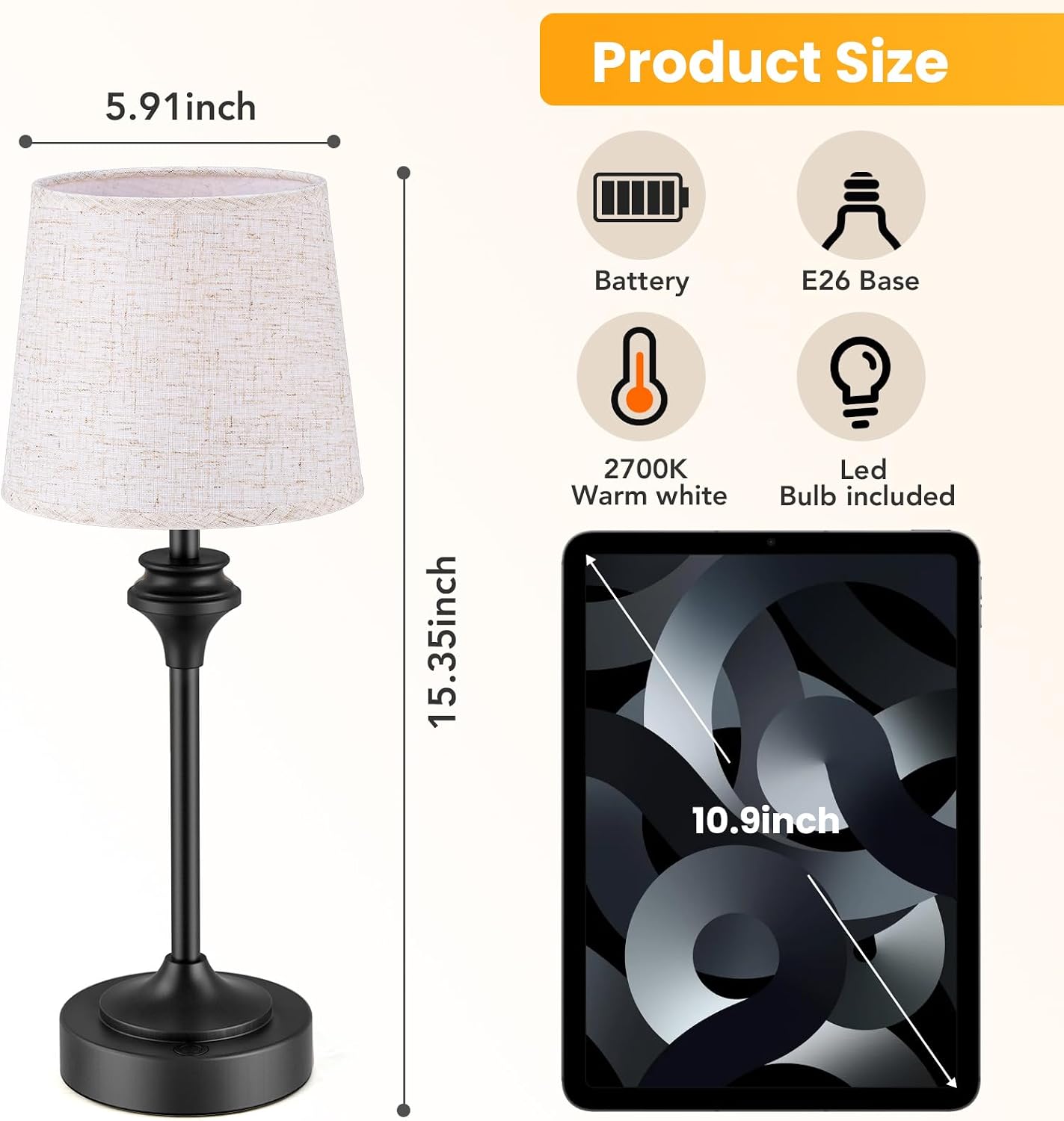 Portables Cordless Table Lamp,Flaxen Fabric Shade Battery Operated Lamp,5200mAh Bedside Table Lamp with Warm White,3