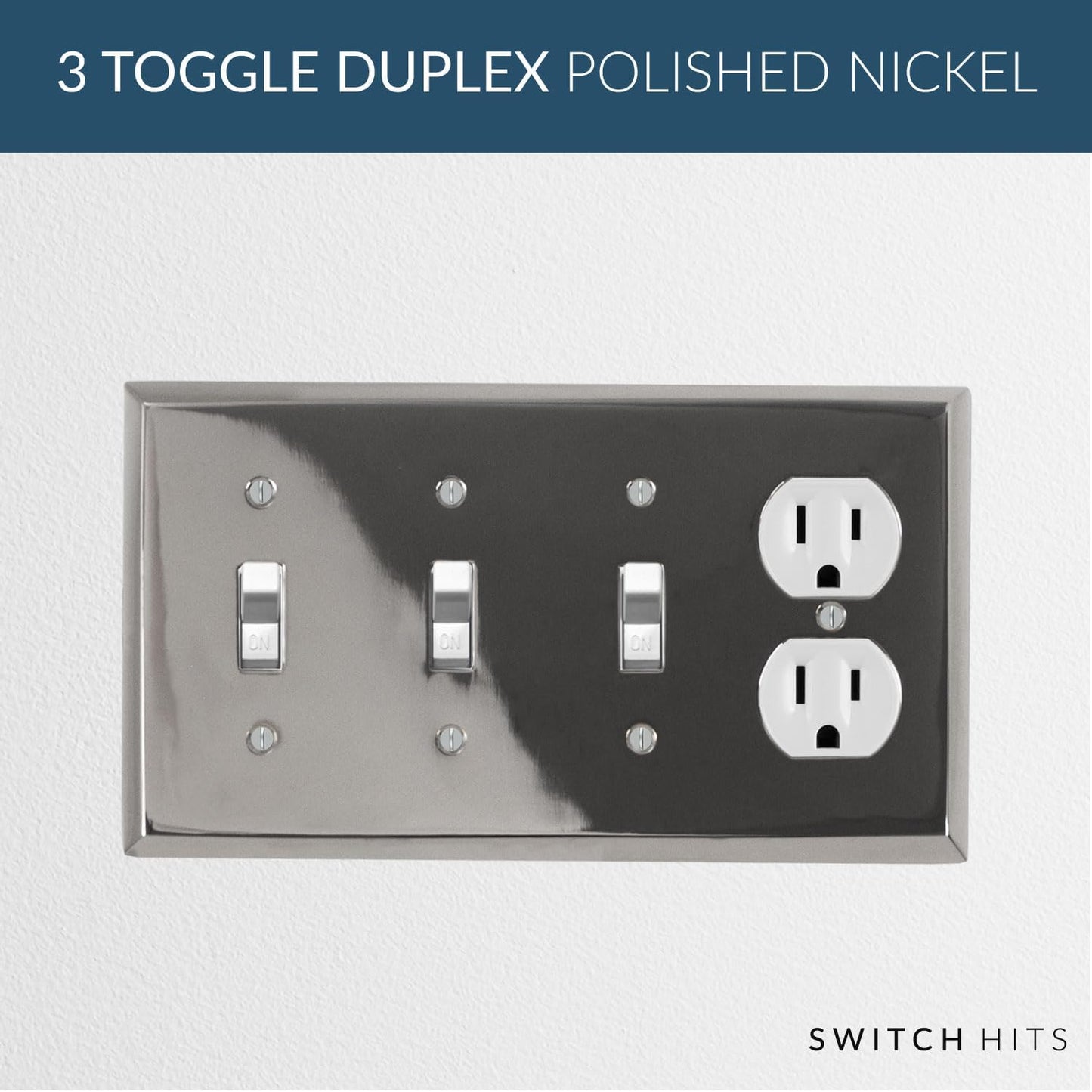 Polished Nickel Outlet Wall Plate | 3 Toggle - 1 Duplex | 8.25" x 4.5" | Hand-Polished Brass Construction | Electrical