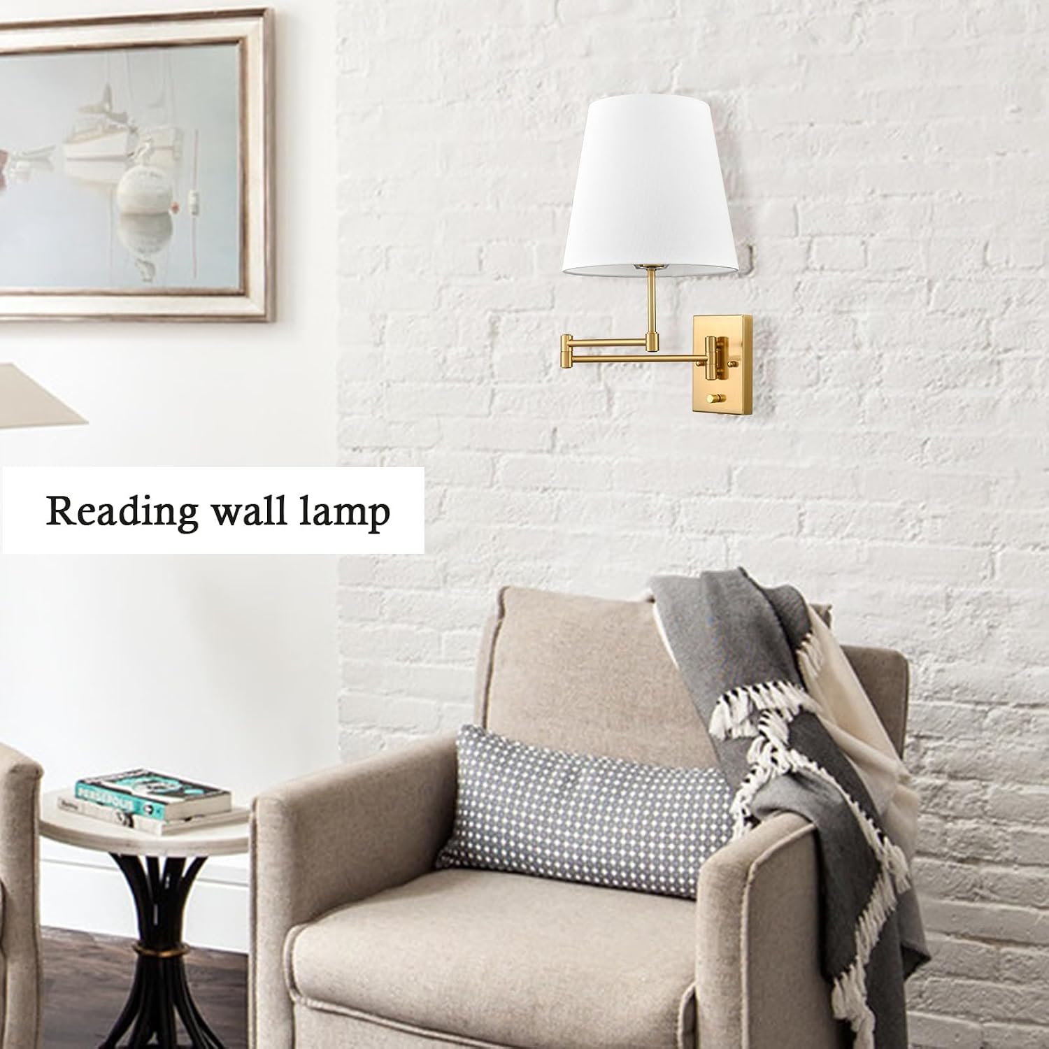 HYDELITE Gold Swing Arm Wall Lamp Brass Wall Sconces with Linen Shade | Plug-in or Hardwired Wall Light Fixtures