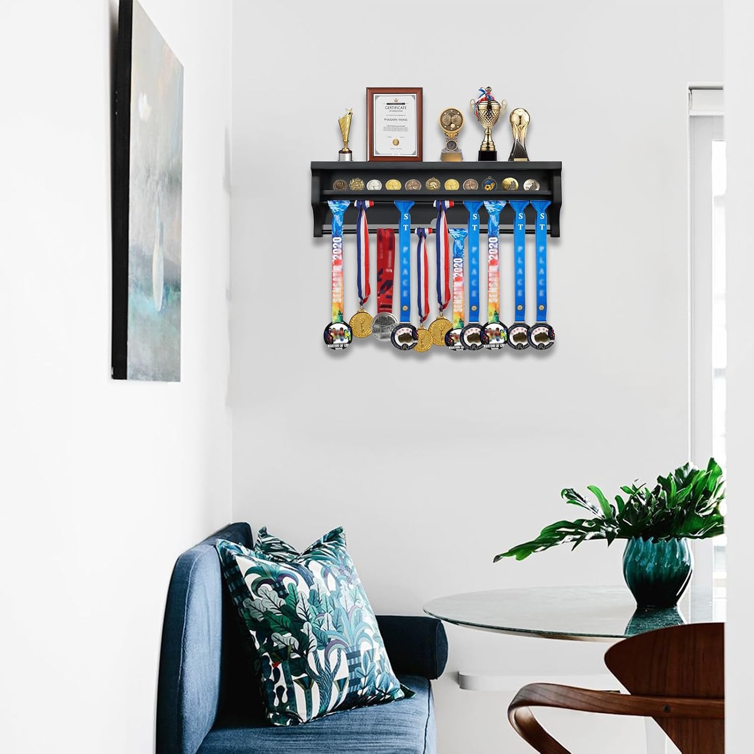 IHEIPYE Medal Hanger Display Shelf Medal Rack Display Holder Black | Solid Wood，Wall Mount, Runners, Marathon, Race