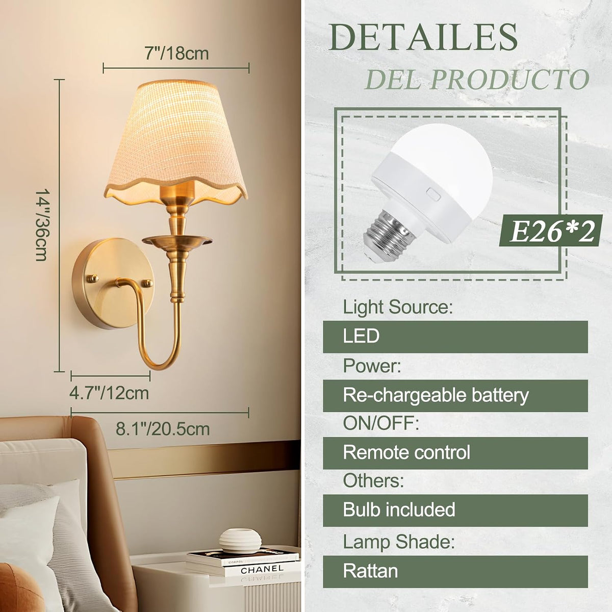 Battery Operated Wall Sconces Set of 2, Rattan Shade Wireless Wall Sconces, RGB Rechargeable Dimmable, Brass-Color