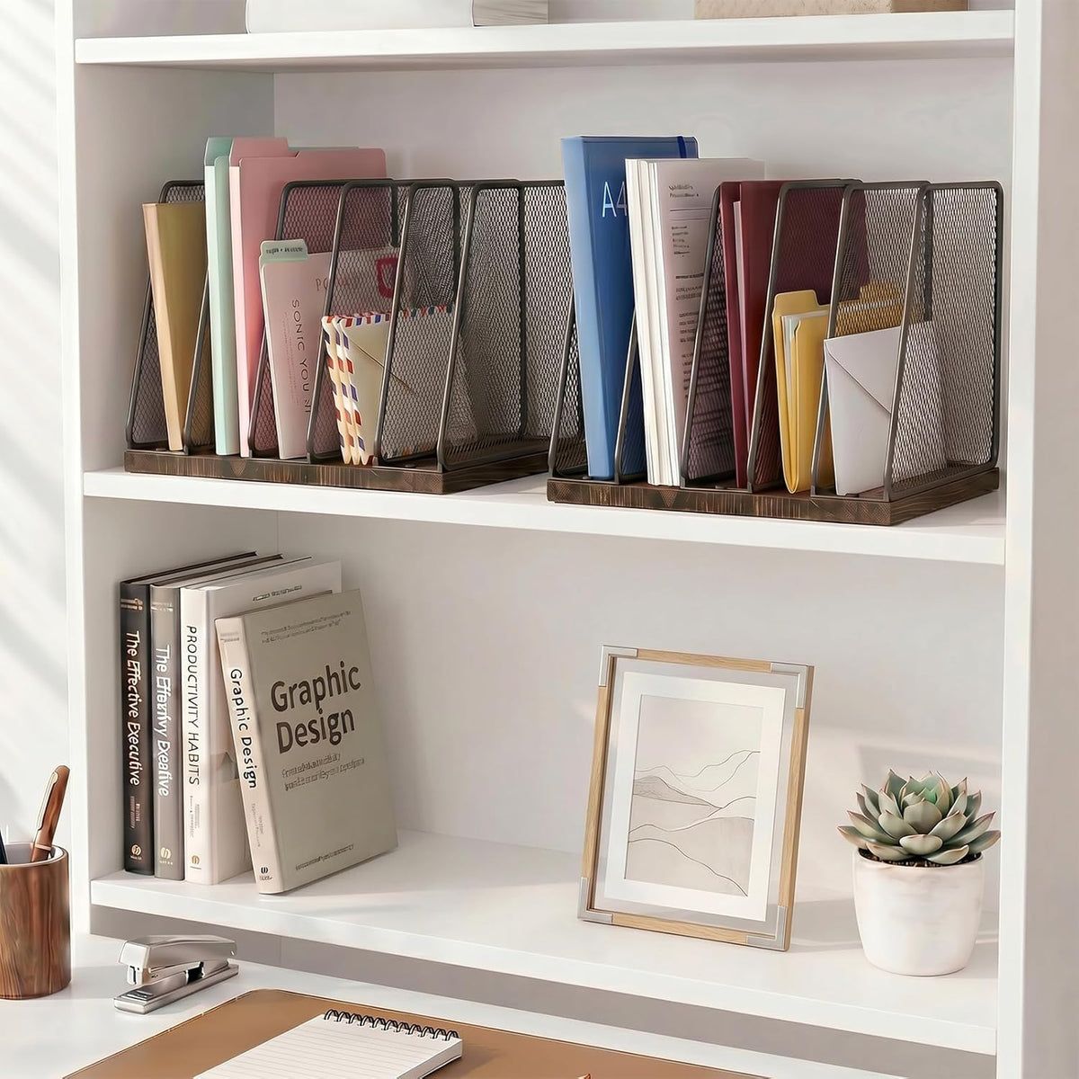 5-Section Vertical File Organizer for Desk, Sturdy Wood Base & Metal Mesh Desktop File Holder, Upright Paper Folder