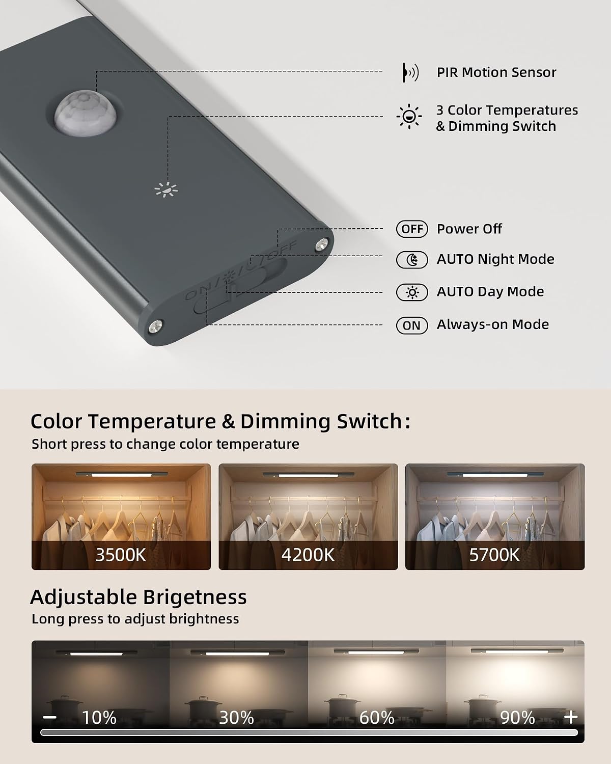 EZVALO Under Cabinet Lights with 3 Extra 2200mAh Rechargeable Batteries | Motion Sensor Light Indoor, 3 Color Temps