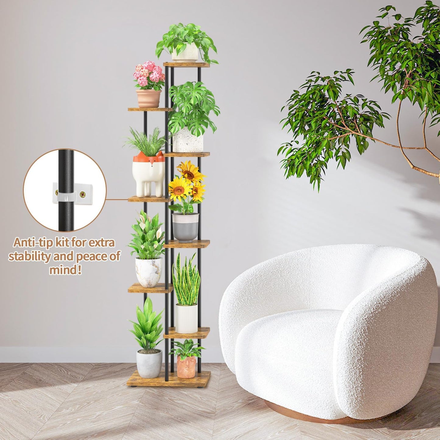 LASZOLA Plant Stand Shelf Tall for Indoor Corner, 7 Tier Wood Brown | Heavy Duty Multi Level Vertical Flower Rack for