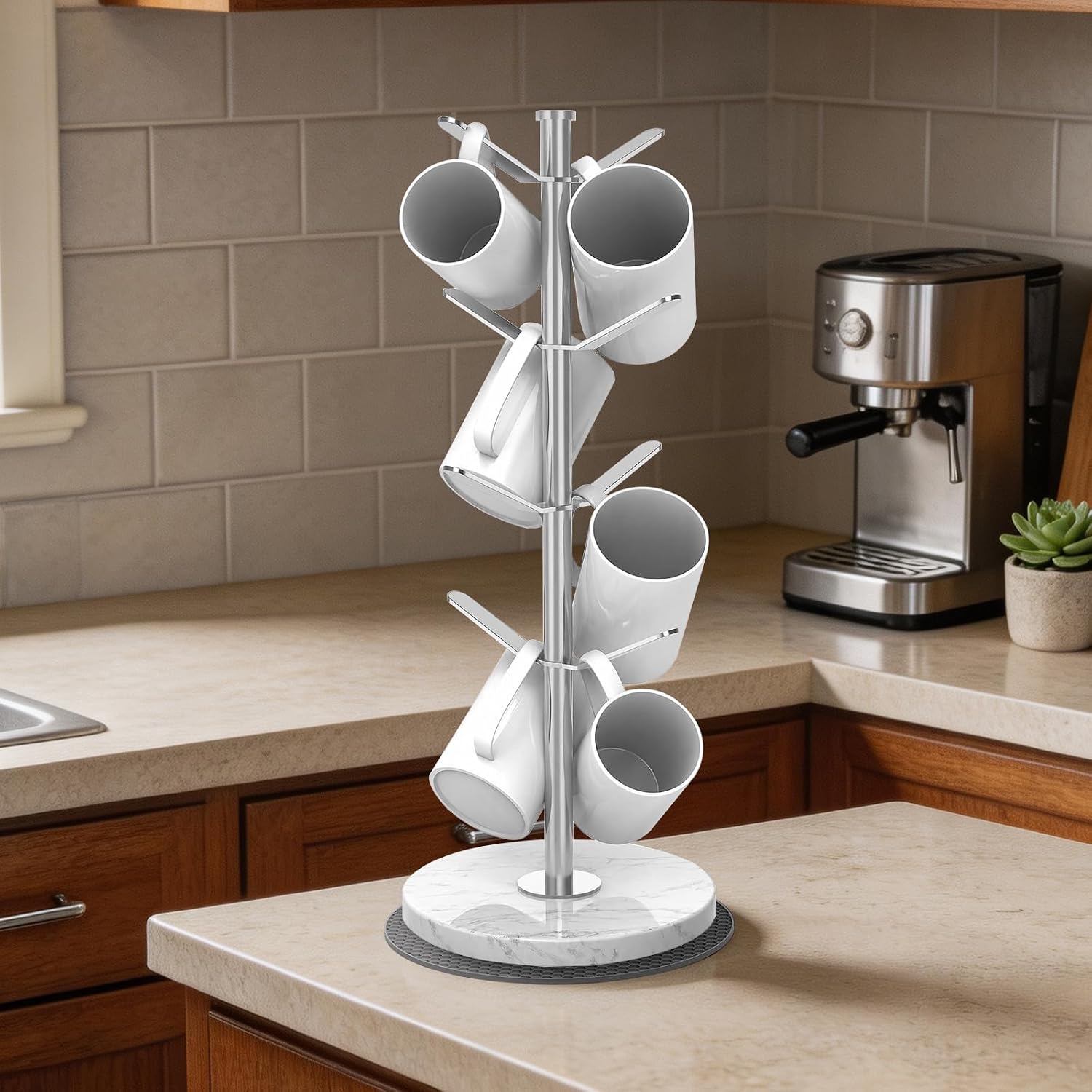 Silver Marble Mug Holder Tree with 2–8 Adjustable Hooks | Detachable Stainless Steel Coffee Cup Stand with Modular