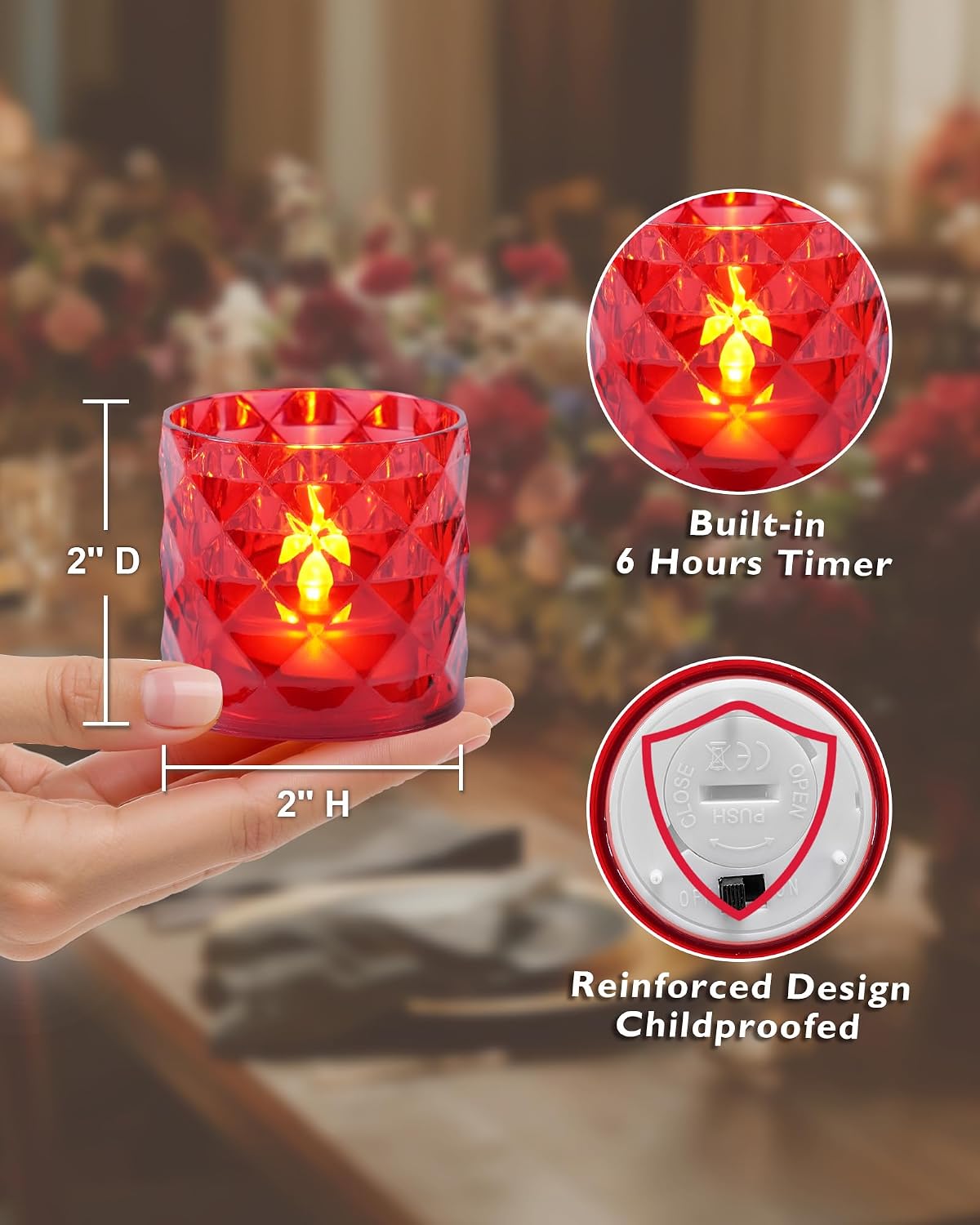 Homemory 2" Red Acrylic Votive Candle & Holders with Auto Timer, 12 Pack | 6h auto timer, flicker Warm White glow