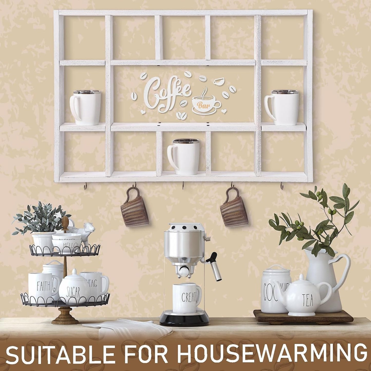 Cinnvoice Oversize Coffee Mug Display Shelf for Wall, Old White | Wood Coffee Mug Rack, Wall Mounted Shelf, Cubes Cup
