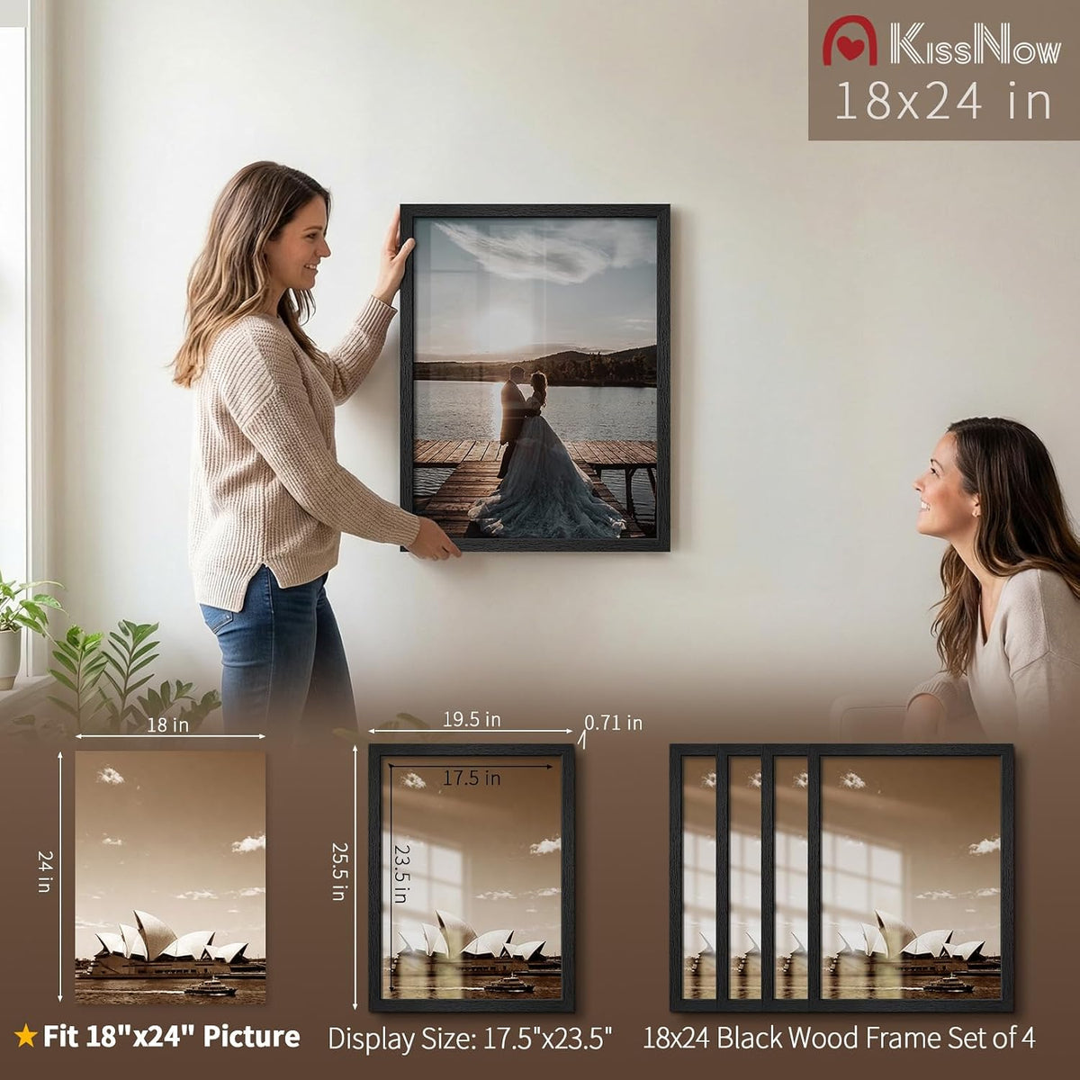 18x24 Poster Frame 4 Pack, Black Solid Wood, Gallery Wall Hanging | Thick & Wide Border, Polished Plexiglass, Vertical