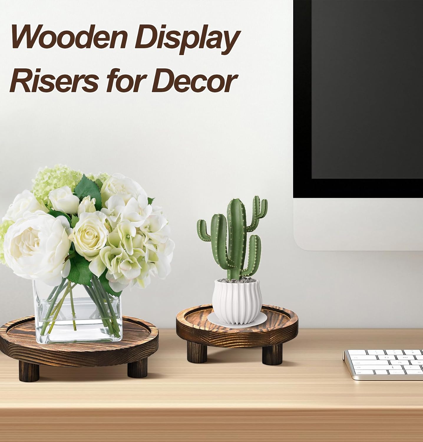 Round Wood Riser Plant Stand 5/6/8" Pedestal Stand / Brown / Set of 3