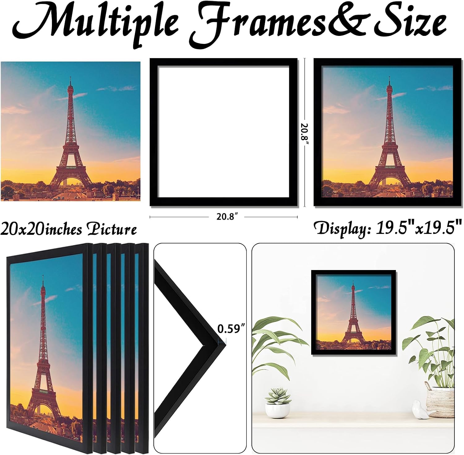 20x20 Picture Frame Set of 5, Black Photo Frames for Gallery Wall Hanging | High-Clarity Clear Panel, Horizontal &