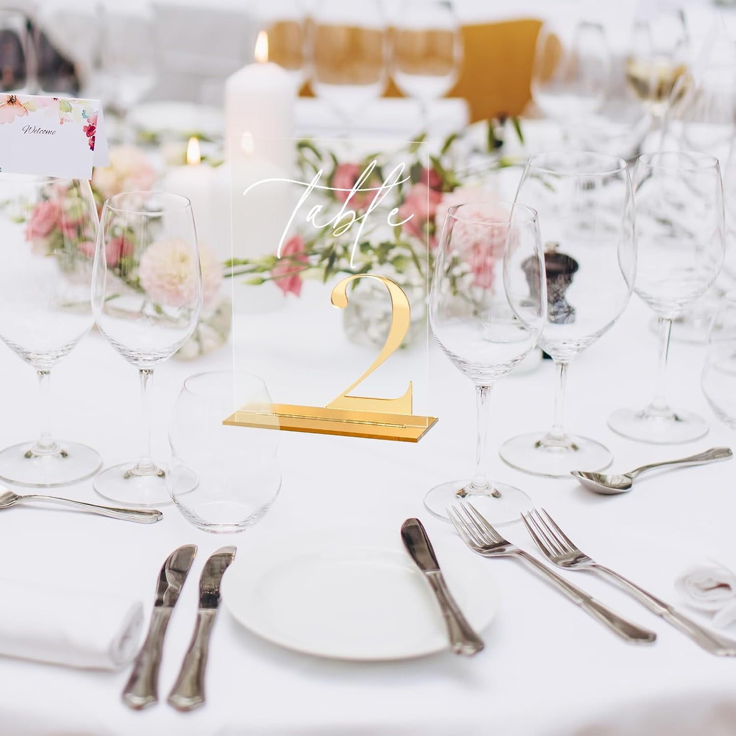 Acrylic Wedding Table Numbers 1-20 with Stands, 5"x7" Clear Acrylic Signs with 3D Gold Mirror Numbers, Clear and Gold