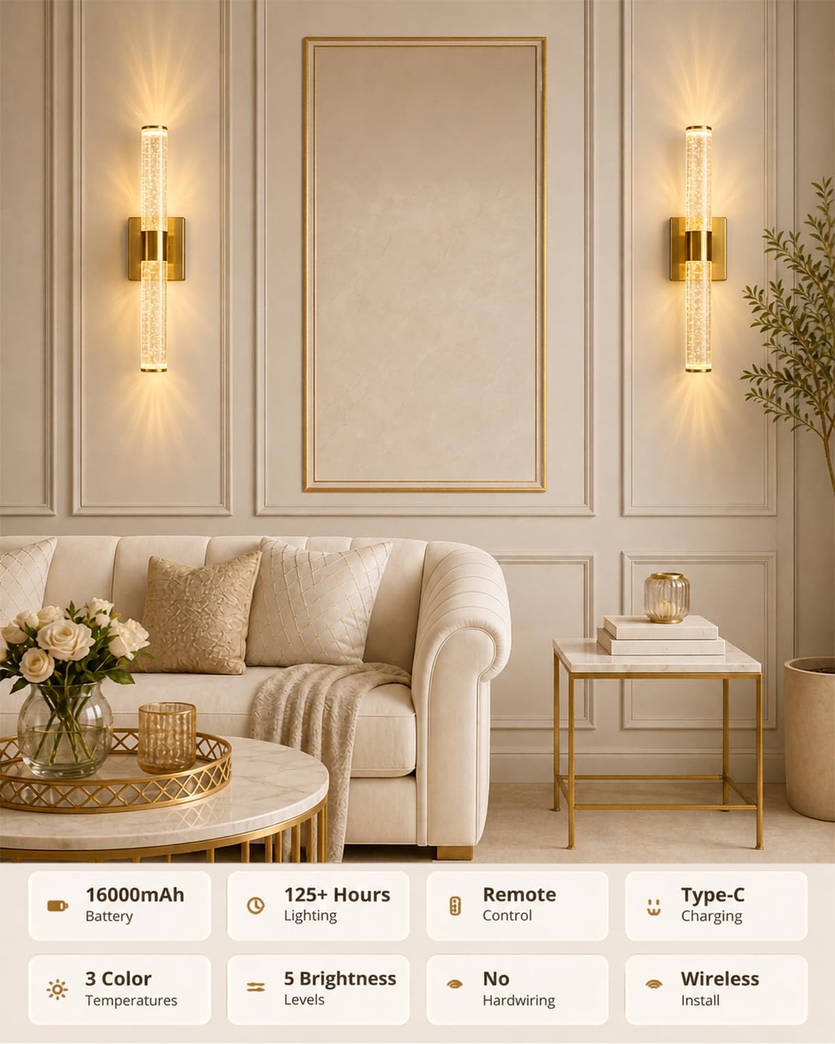 Wall Sconces Set of Two, Wireless & Rechargeable Wall Lights-Gold | 16000mAh Long-Lasting Battery，Screw-Mounted, 30ft
