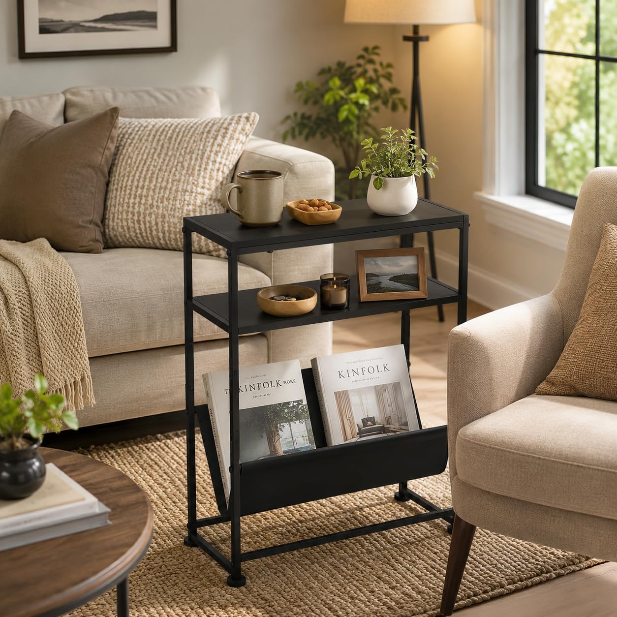 Narrow End Table for Small Spaces - Slim Side Table with Magazine Holder,2 in 1 Design Narrow Coffee Table Living