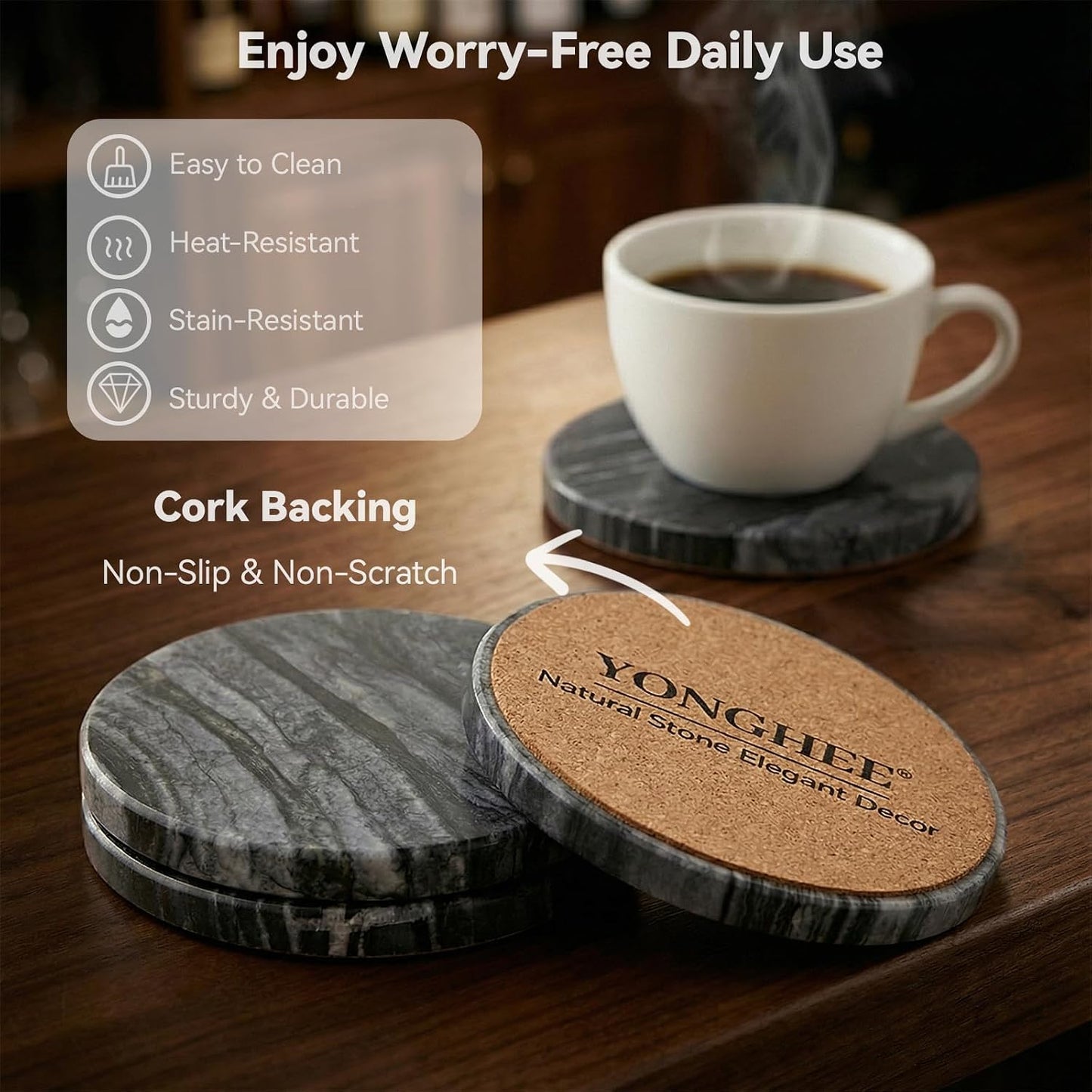 2 Holders / Black Marble Coasters / Natural Black / Set of 8