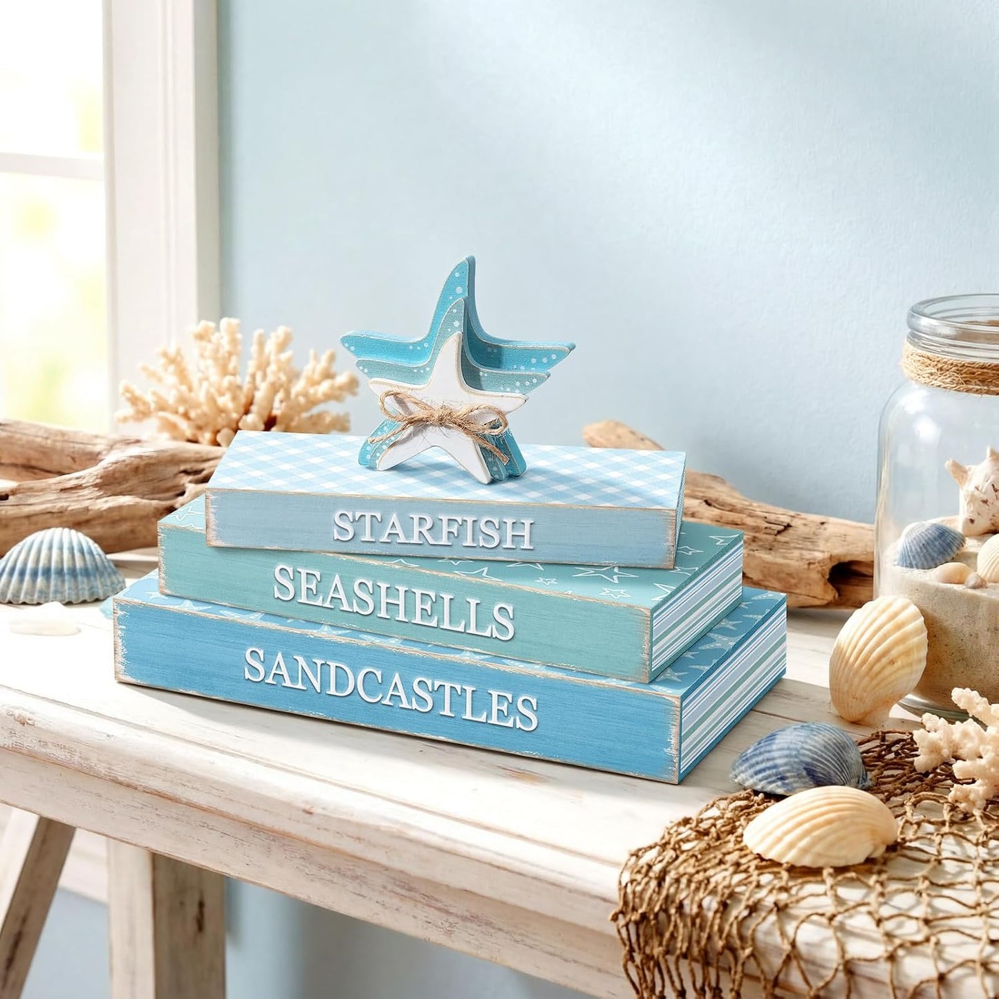 Wooden Coastal Decorative Books / Summer Starfish / Set of 4