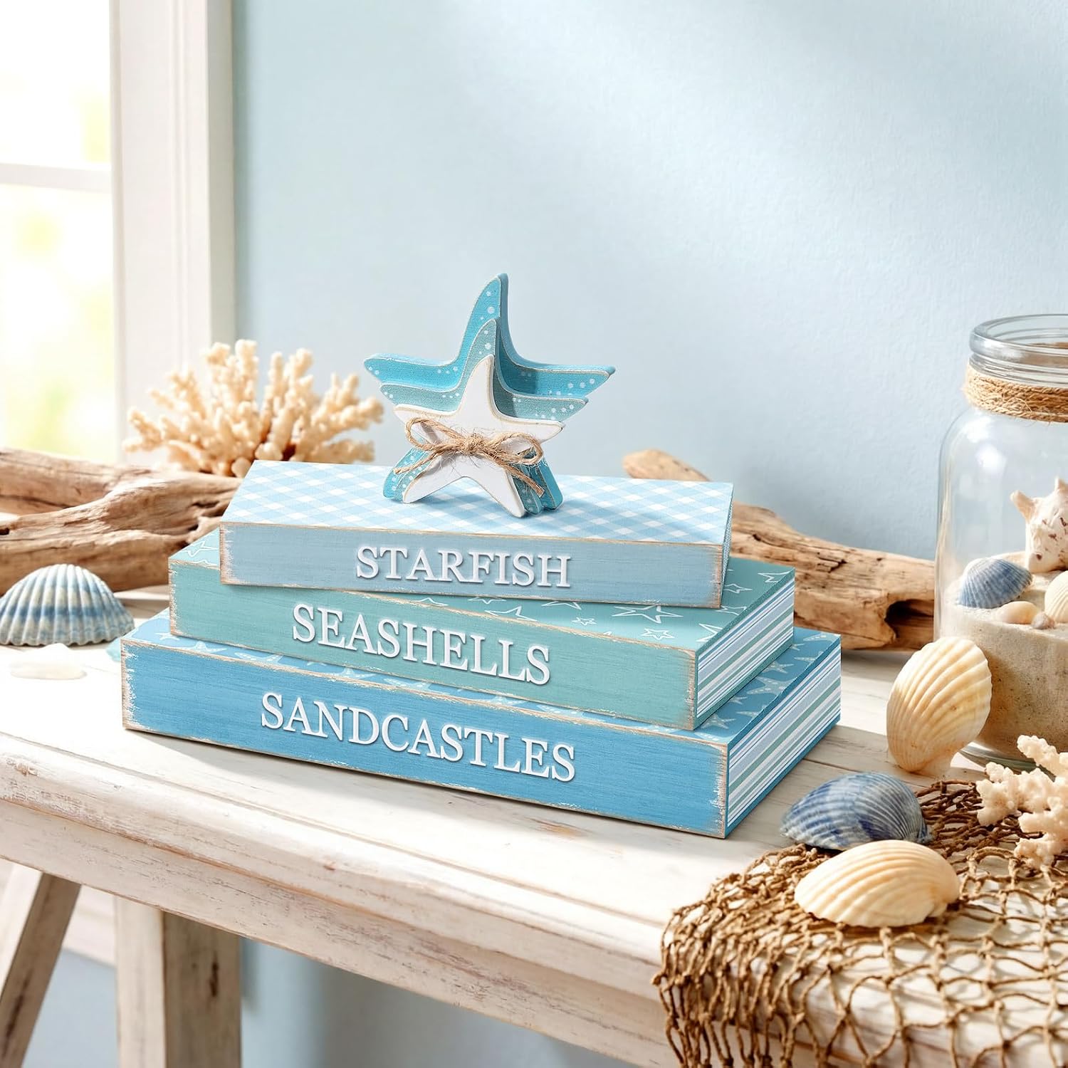 Wooden Coastal Decorative Books / Summer Starfish / Set of 4