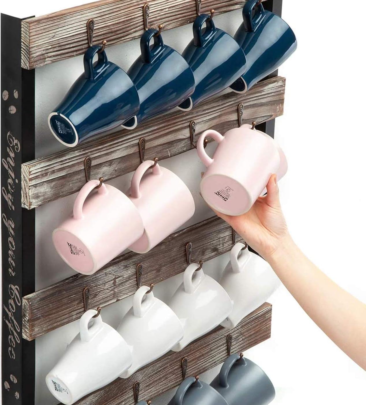 J JACKCUBE DESIGN Coffee Mug Holder Wall Mounted Rustic Wood Cup Organizer with 16-Hooks Hanging Rack for Home, Kitchen