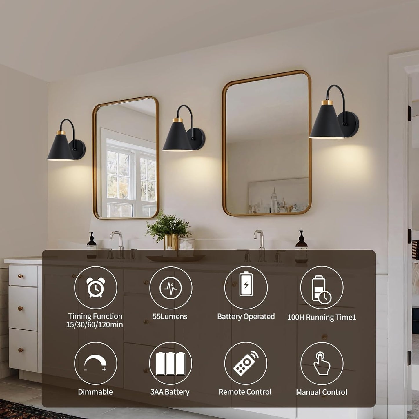 Powfloven Vintage Rechargeable Wall Sconces Set of 2, Battery Operated Bedside Wall Lamps with Remote Control, Wireless