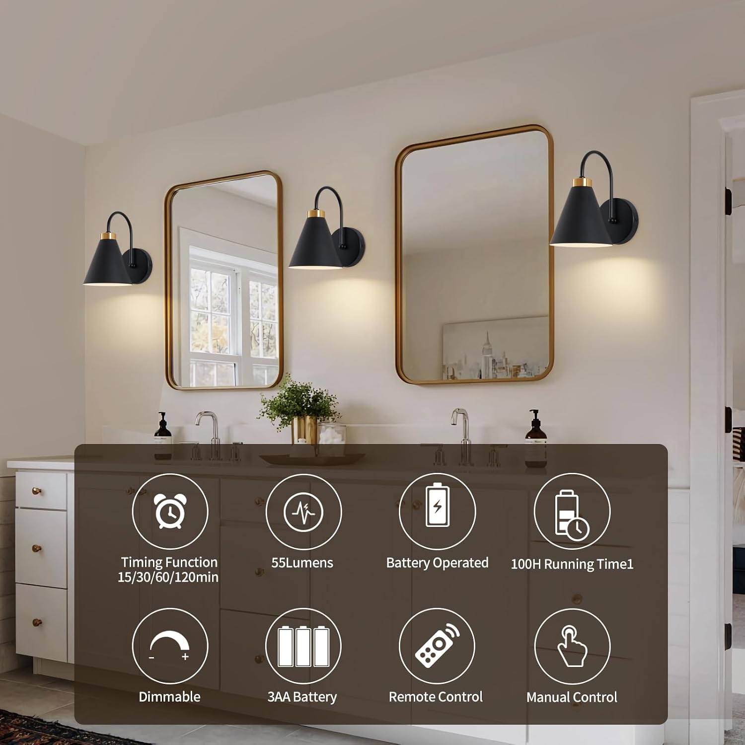 Powfloven Vintage Rechargeable Wall Sconces Set of 2, Battery Operated Bedside Wall Lamps with Remote Control, Wireless