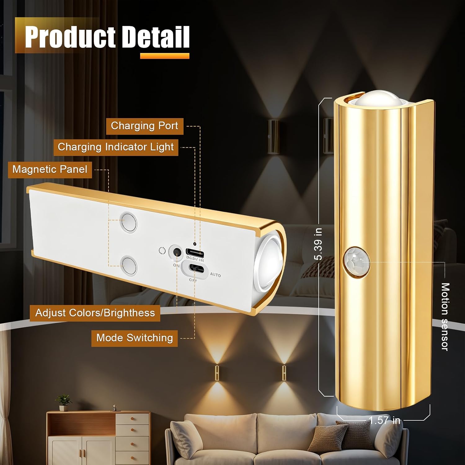 2 Pack Motion Sensor Wall Light, Rechargeable Wall Sconces | Wall Sconces Battery Operated with 3 Colors & Dimmable