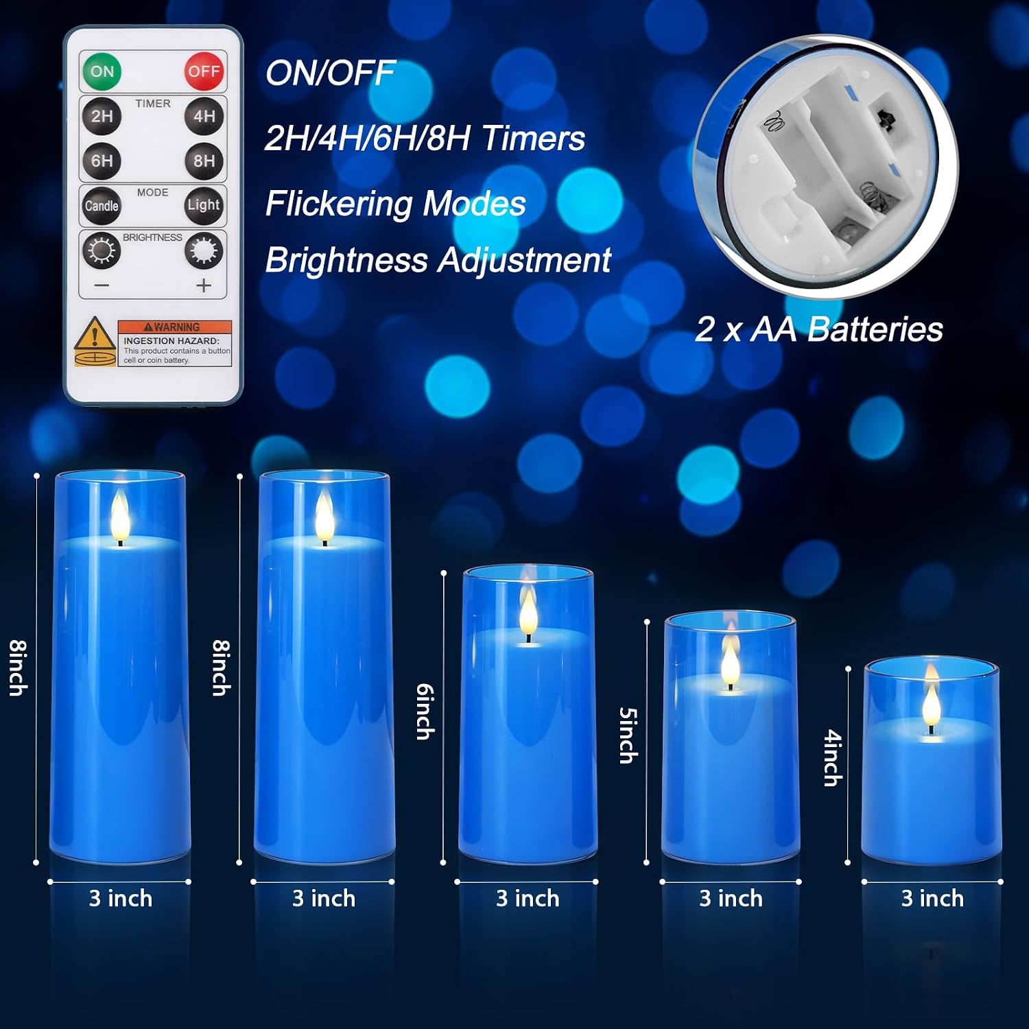 Homemory Blue Flickering Flameless Candles, Battery Operated Acrylic LED Pillar Candles with Remote Control and Timer