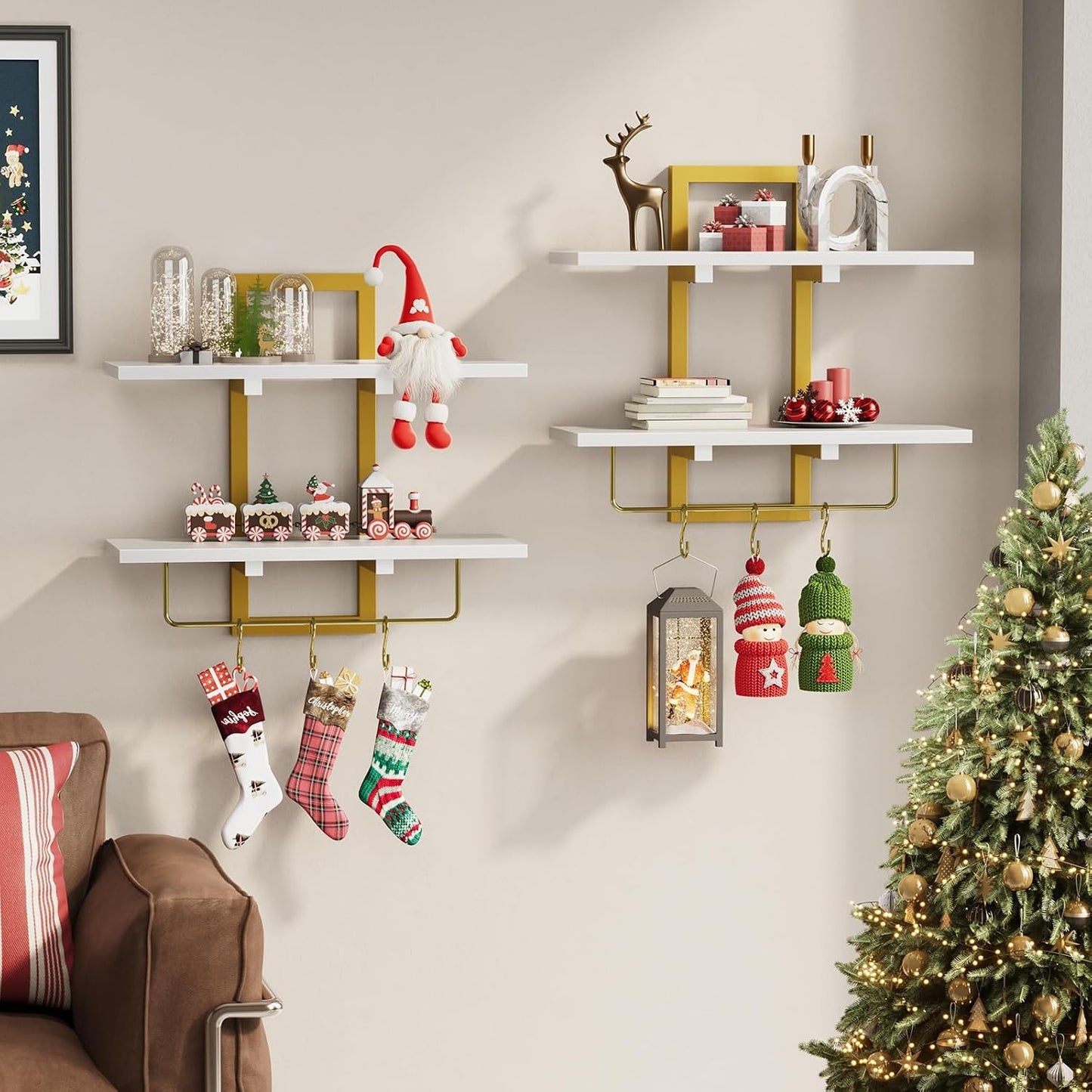 Floating Shelves / Wall Mounted Storage Shelves / White + Gold / Set of 2