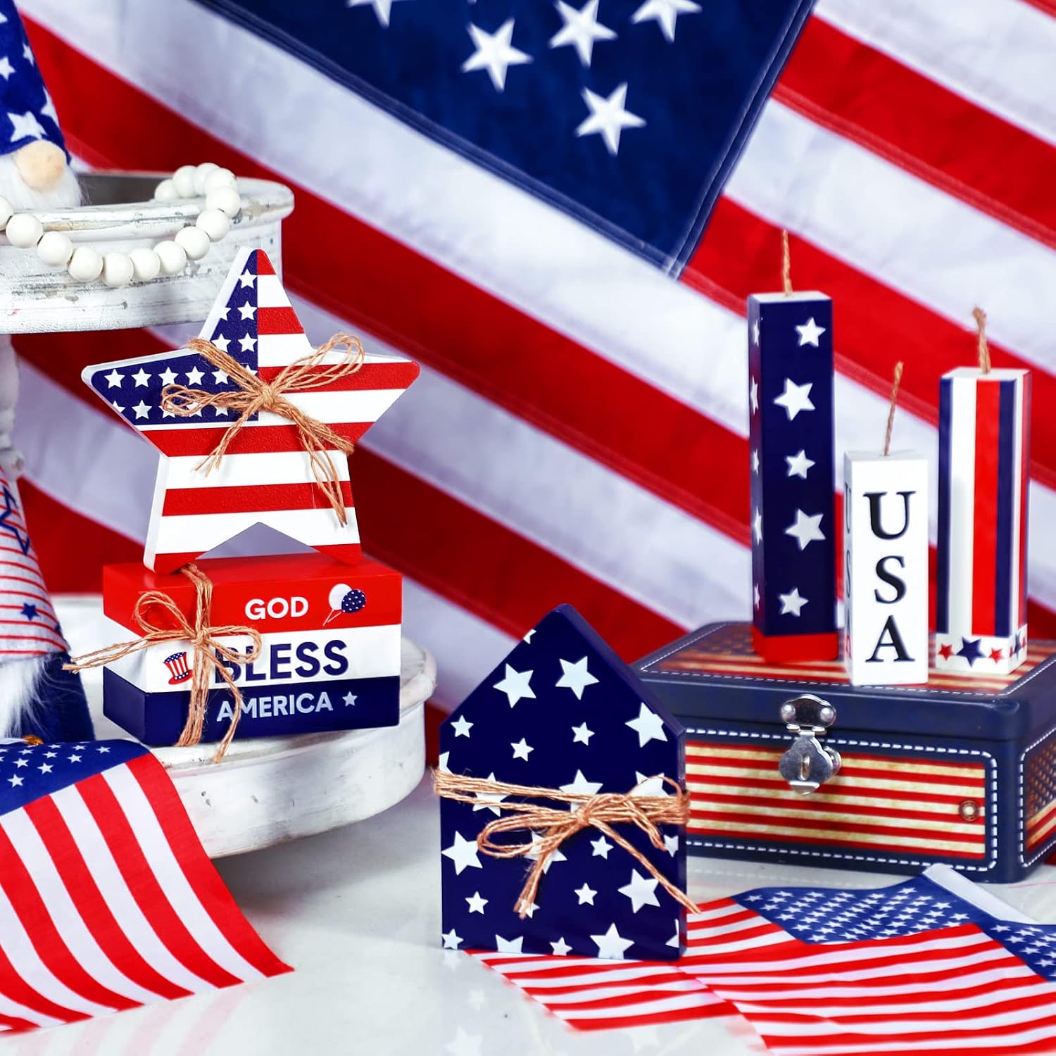 4th of July Table Decorations Wooden Patriotic Decorations 4th of July Tiered Tray Decor / Set of 8