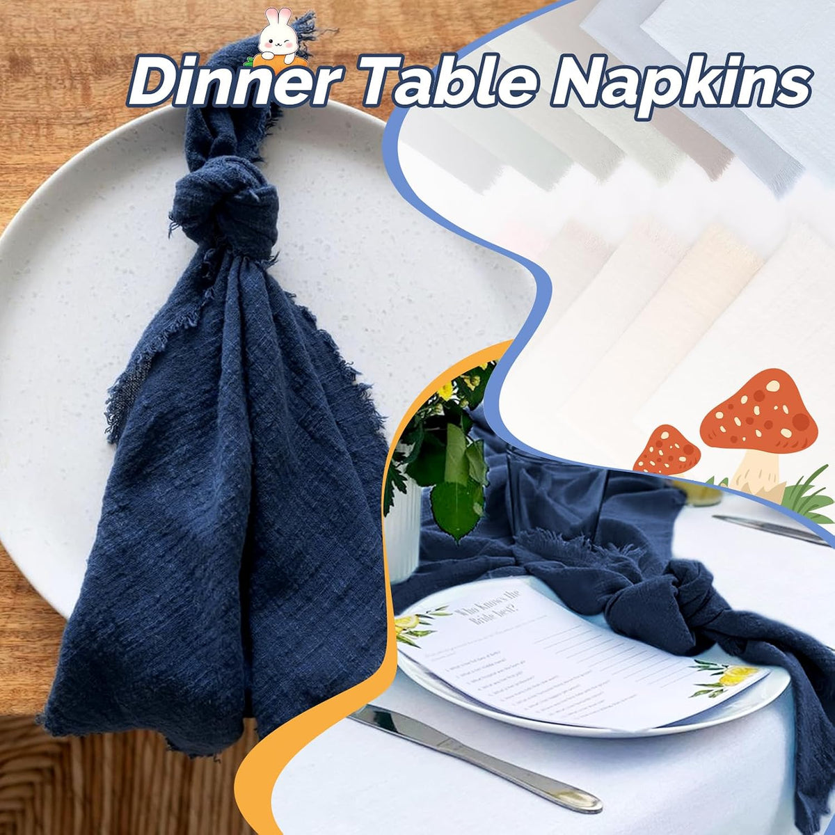 Showgeous 30 Pack Navy Blue Cloth Napkins with Fringe, 16x16 inch | 100% Cotton Blue Napkins Handmade Dinner Napkins