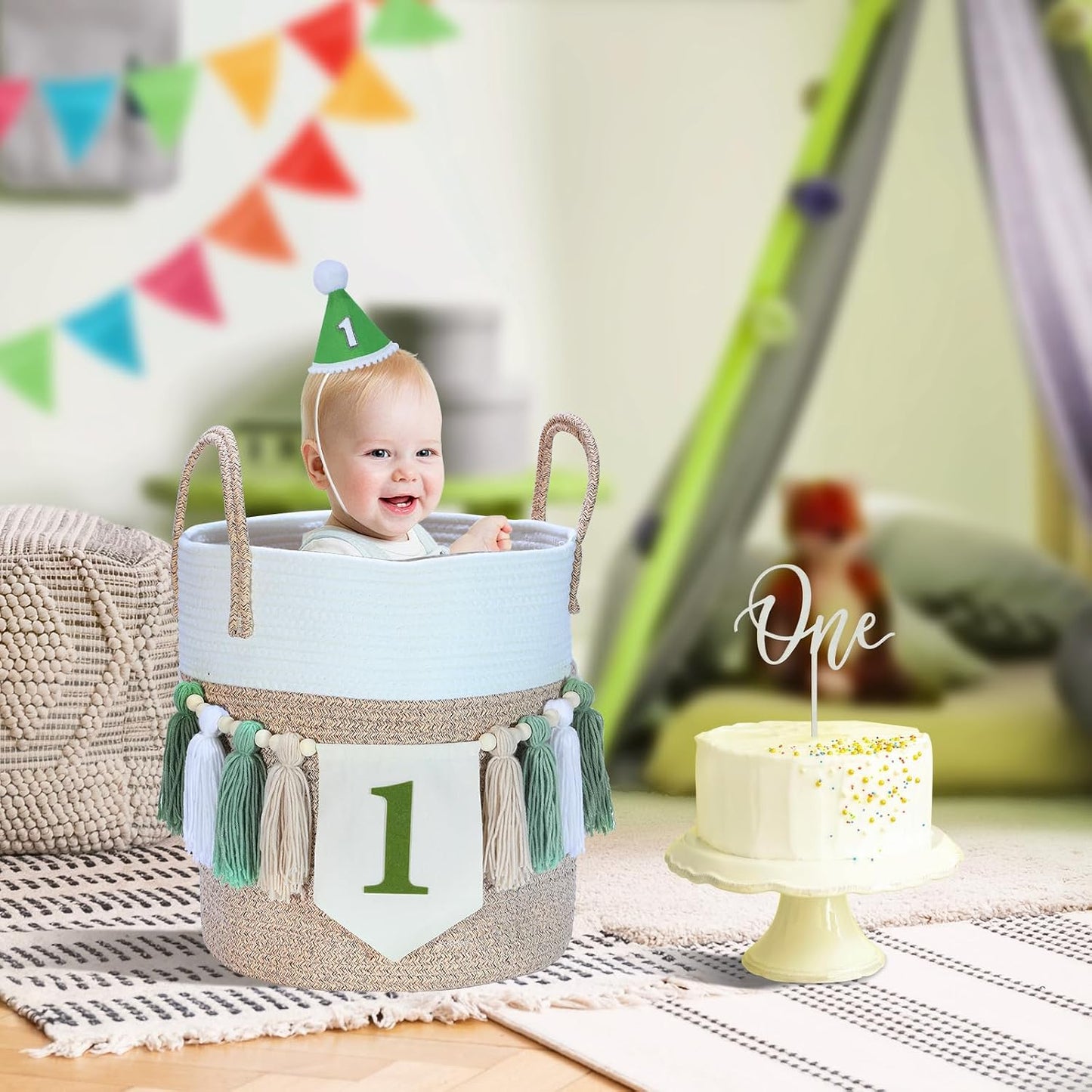 Wood Bead Tassel Garland Banner for Baby 1st Party / Green
