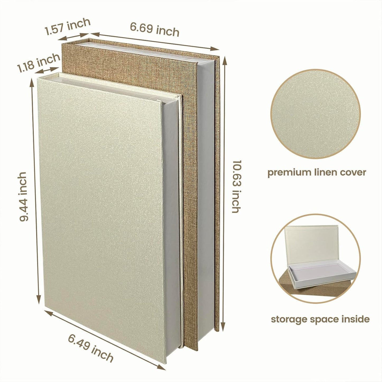 Decorative Books Linen Fabric Faux Storage Fake Book Boxes Coffee Table / Khaki and White / Set of 2