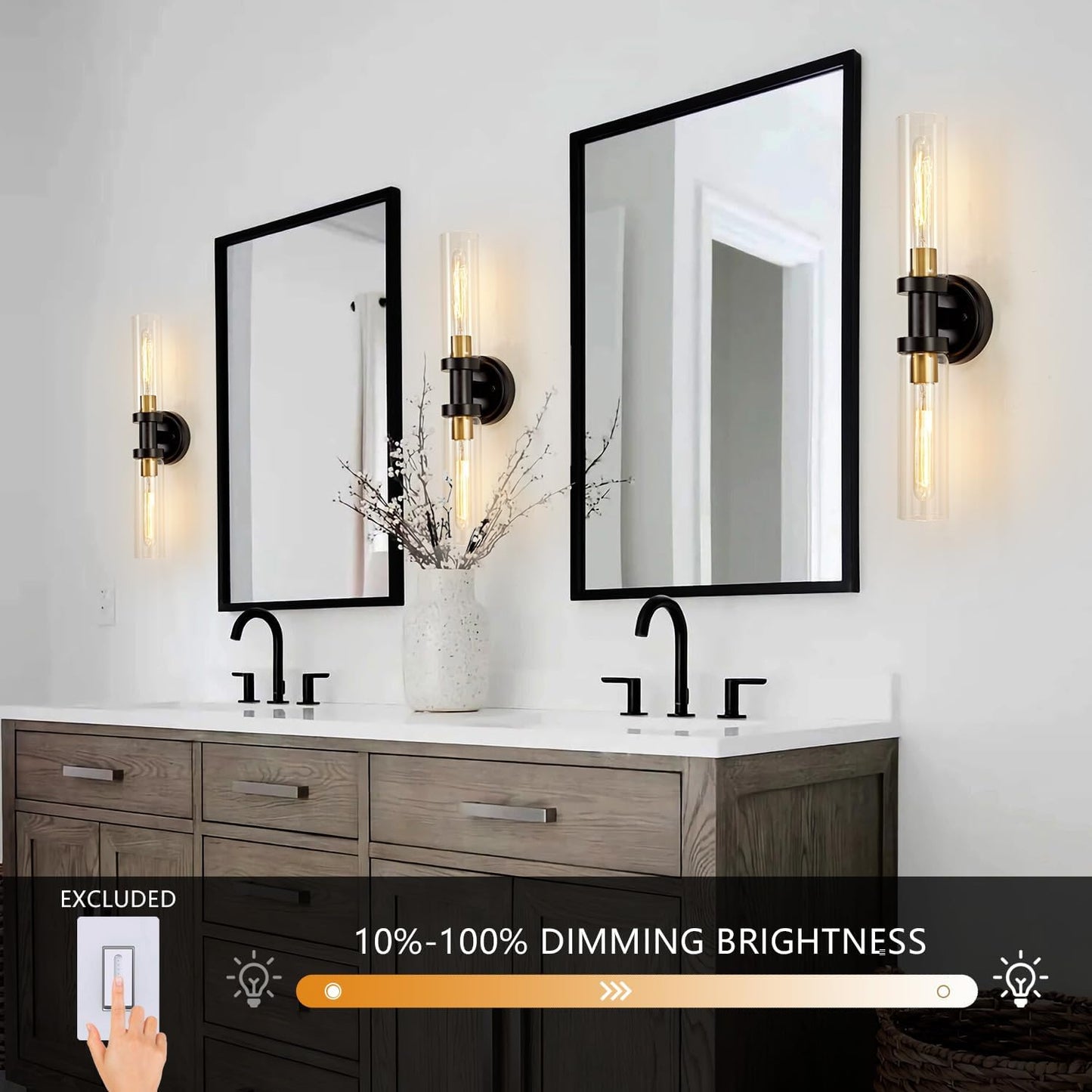 Bathroom Sconces Wall Lighting W/ Clear Glass, 2-Light Bathroom Vanity Light Fixtures, Modern Wall Lights for Mirror