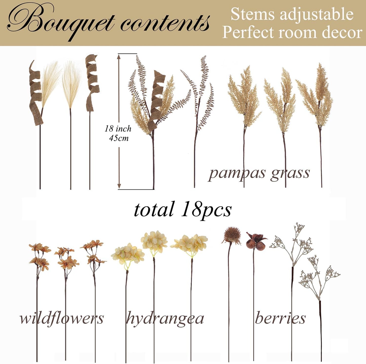 Faux Winter Fall Dried Pampas Grass Silk Hydrangea Flowers Bouquets Fall Decor / Boho / Set of 22