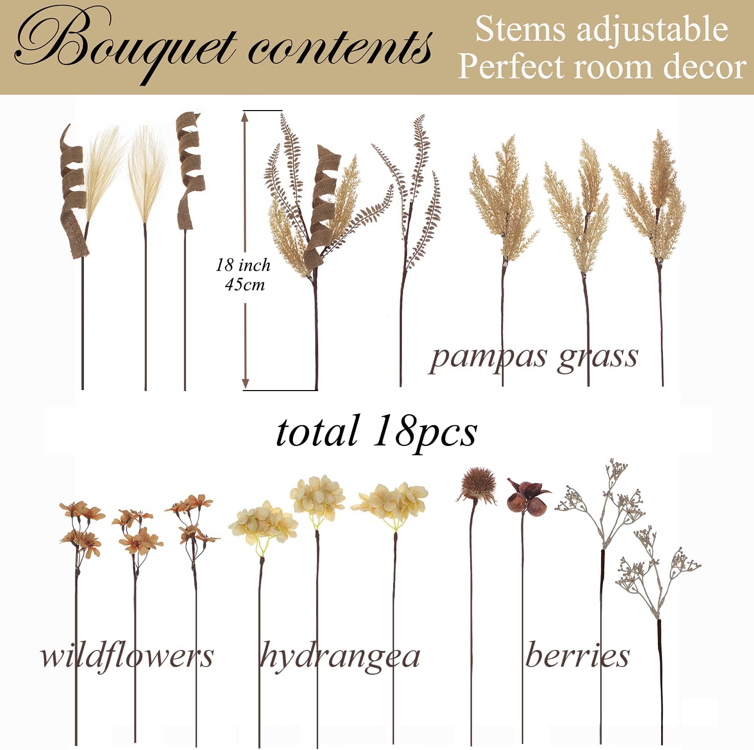 Faux Winter Fall Dried Pampas Grass Silk Hydrangea Flowers Bouquets Fall Decor / Boho / Set of 22