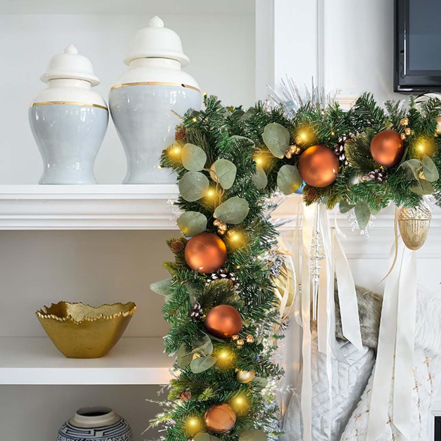 WANNA-CUL Pre-Lit 6ft Copper Gold Christmas Garland with 30 LED Lights | Timer Winter Xmas Lighted Garland for Mantel