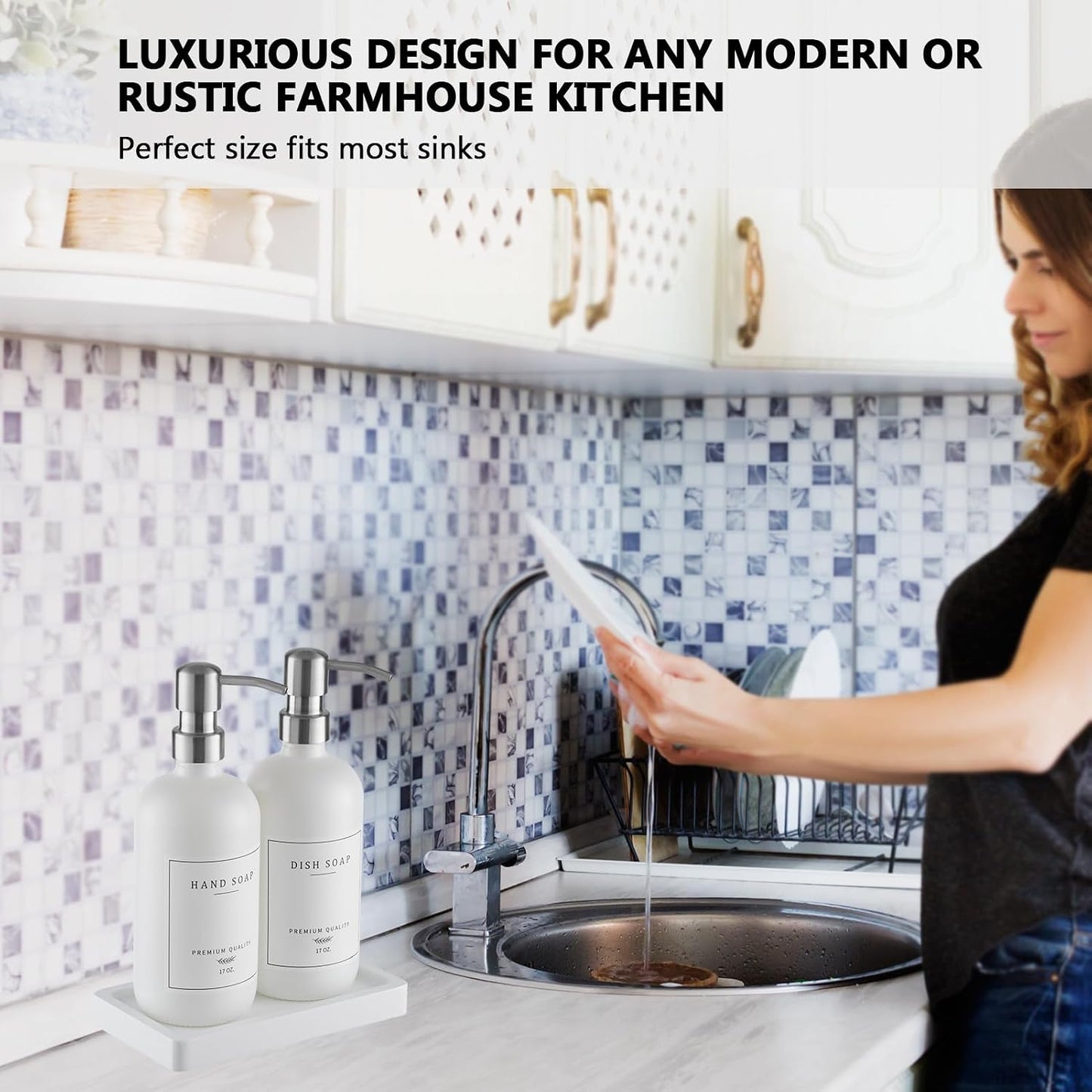 Thick Glass Soap Dispenser - Kitchen Dish Hand Soap Dispenser Set, Rustproof Pump Soap Lotion Dispenser Bathroom with