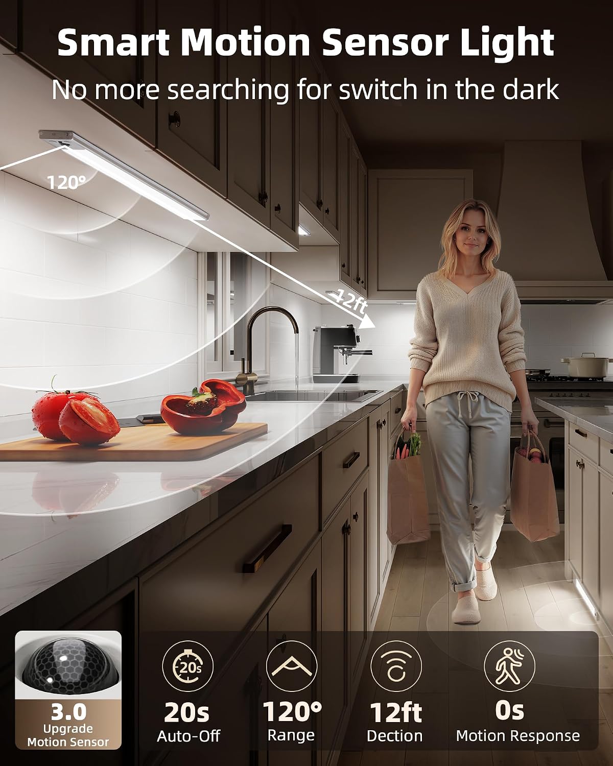 EZVALO 3-Pack 16.5inch Under Cabinet Lighting with Remote, 4000mAh Rechargeable Motion Sensor Lights, Magnetic Dimmable
