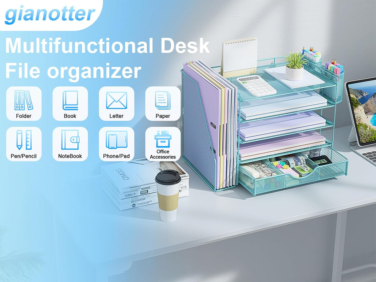 gianotter 5-Tier Desk Organizer with Drawers and File Holders | Letter Trays and Pen Holders - Workspace Accessories