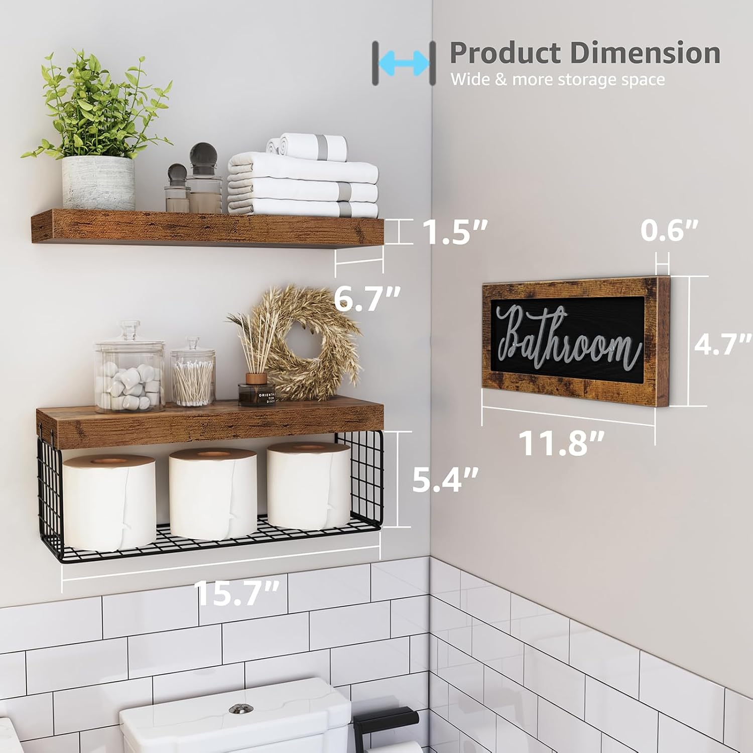 QEEIG ‎Bathroom Shelves Over Toilet - Paper Storage Wall Mounted Farmhouse Decor Decorations Aesthetic Décor Sign Small