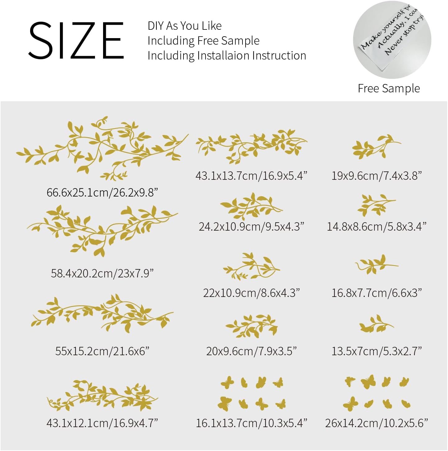 Metallic Wall Decals Peel and Stick Large Wall Stickers Large Sketch Minimal / Hanging Vines / Gold
