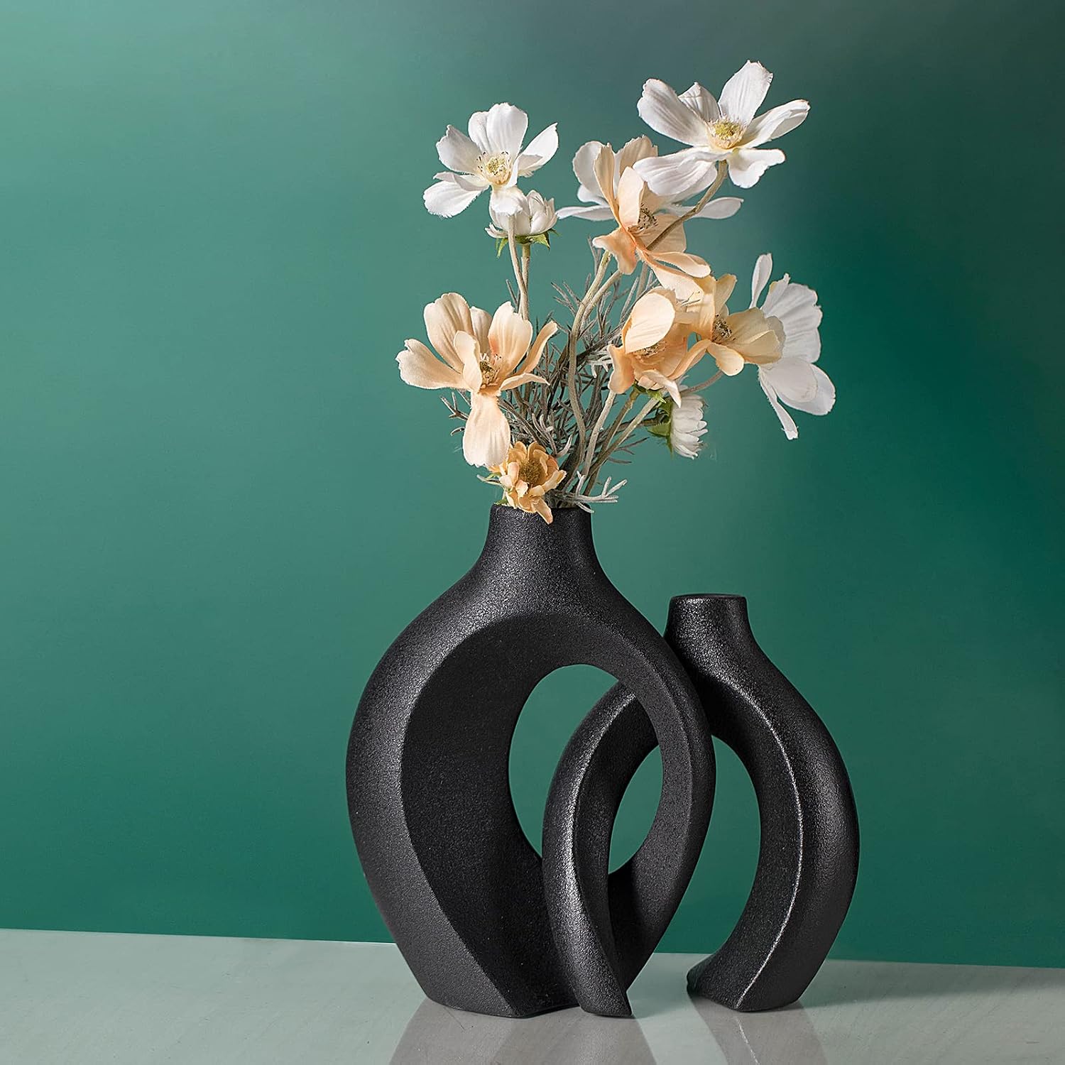Black Hollow Ceramic Vase / Black - Round Large / Set of 2