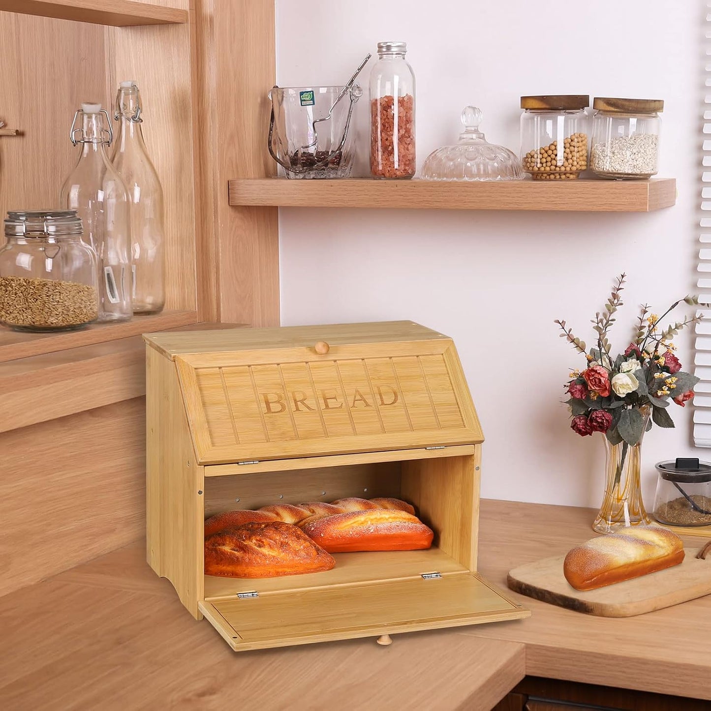 HOMEKOKO Vintage Double Layer Large Bread Box, Retro Design, Natural Bamboo | Keeps Bread Fresh 3-4 Days, 2-Tier