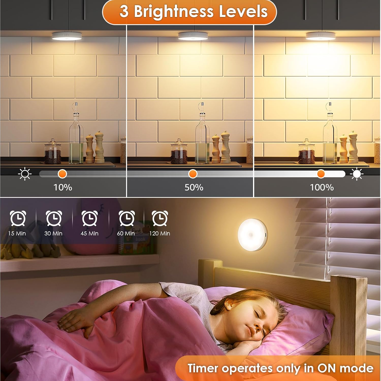 Motion Sensor Puck Light with Remote, Warm White, 8-Pack | Wireless Dimmable, Under Cabinet Lights, Rechargeable