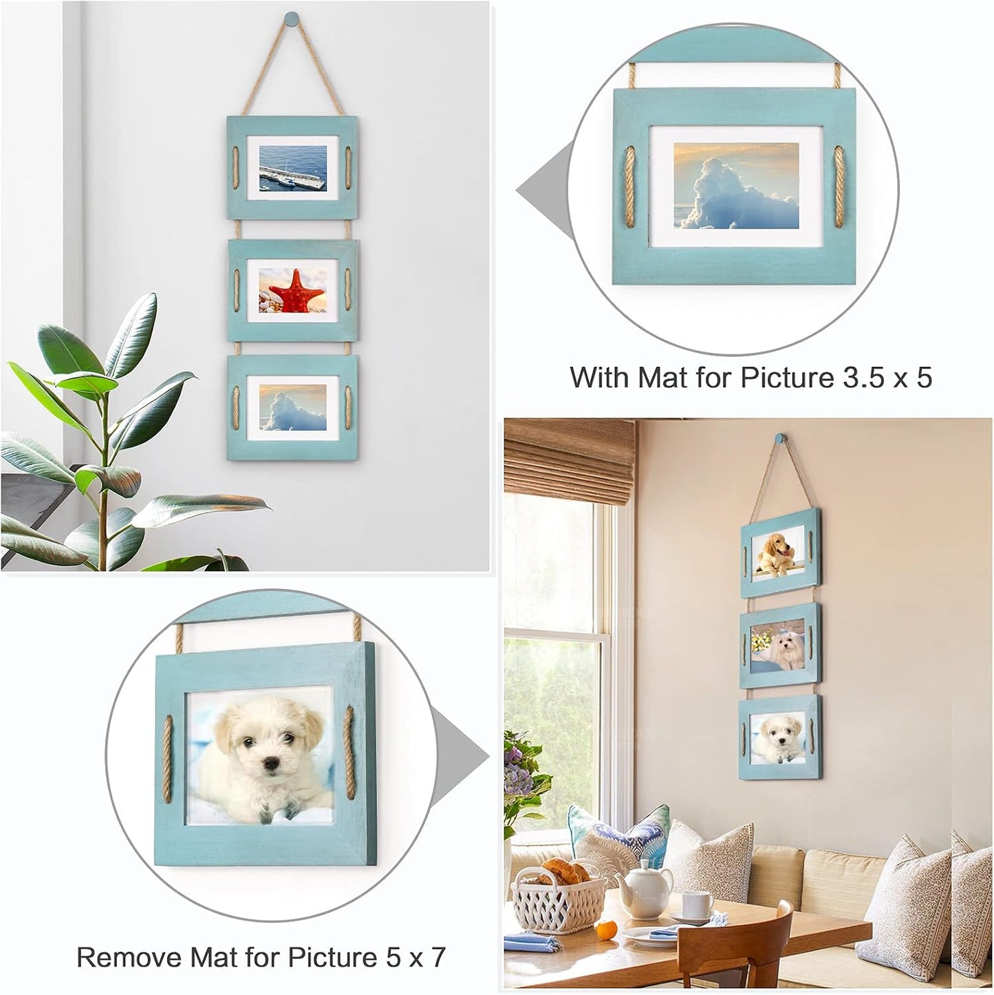 DLQuarts 5x7 Hanging Picture Frames Collage Wall Decor, Photo Frames 5x7 Without Mat & 3.5x5 with Mat, Rustic Wood
