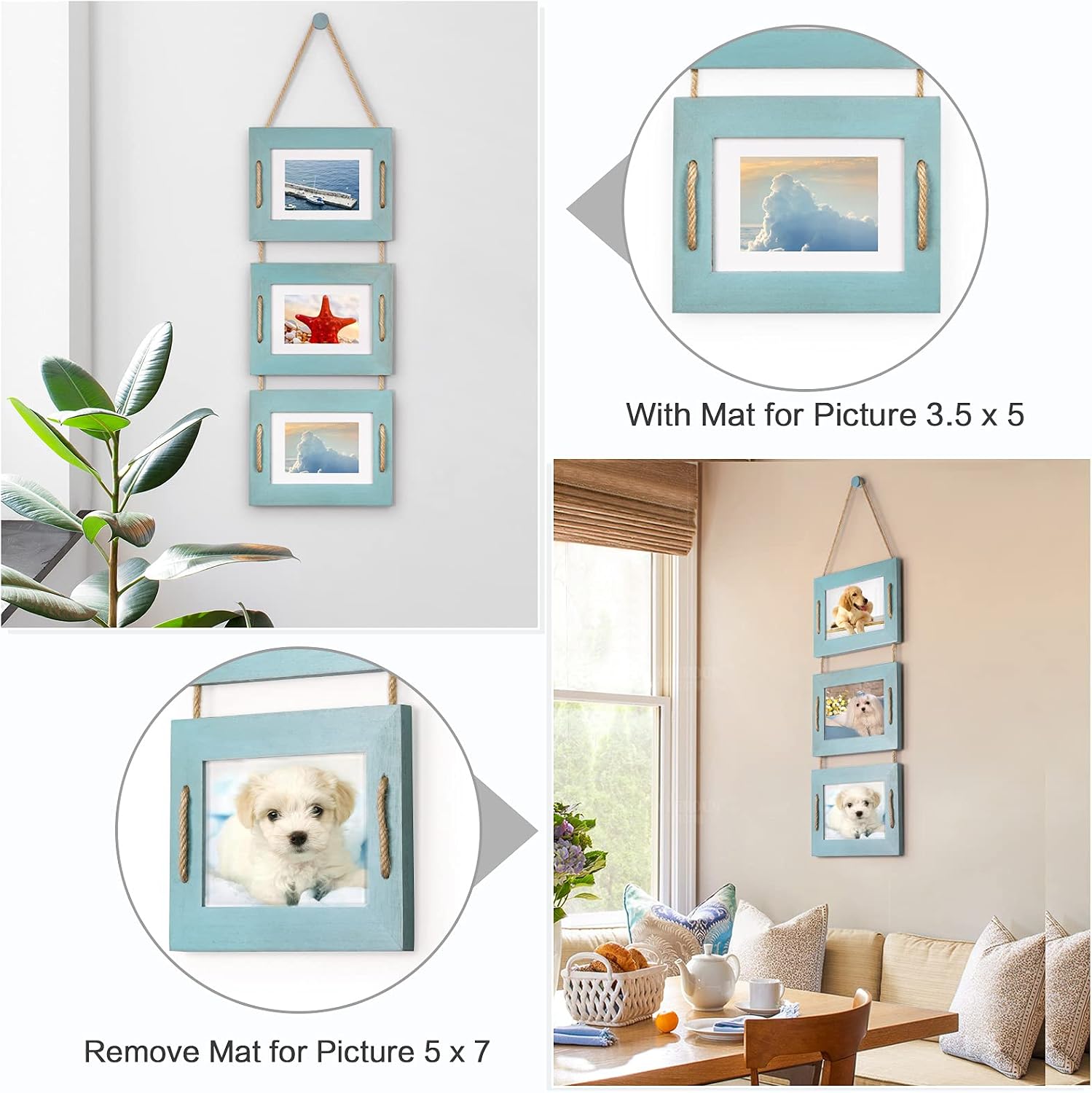 DLQuarts 5x7 Hanging Picture Frames Collage Wall Decor, Photo Frames 5x7 Without Mat & 3.5x5 with Mat, Rustic Wood