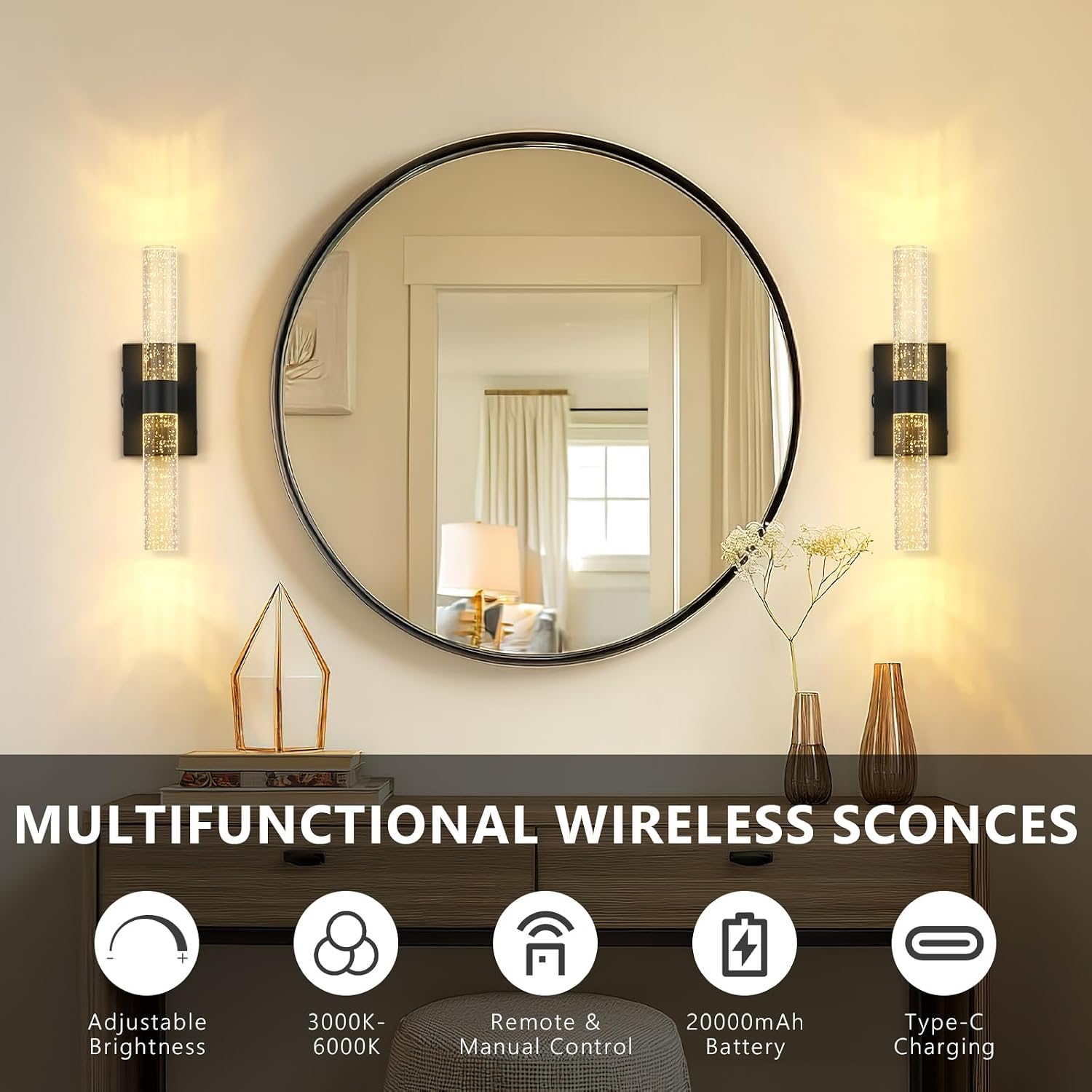 Battery Operated Wall Sconces Set of 2, 20000mAh Rechargeable Wall Light | Remote Control 3000K-6000K Dimmable LED