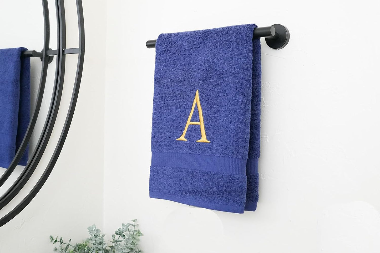 Navy with Gold Monogrammed Hand Towels for Bathroom - Set of 2 Letter A | Luxury Hotel Quality Initial Towels For